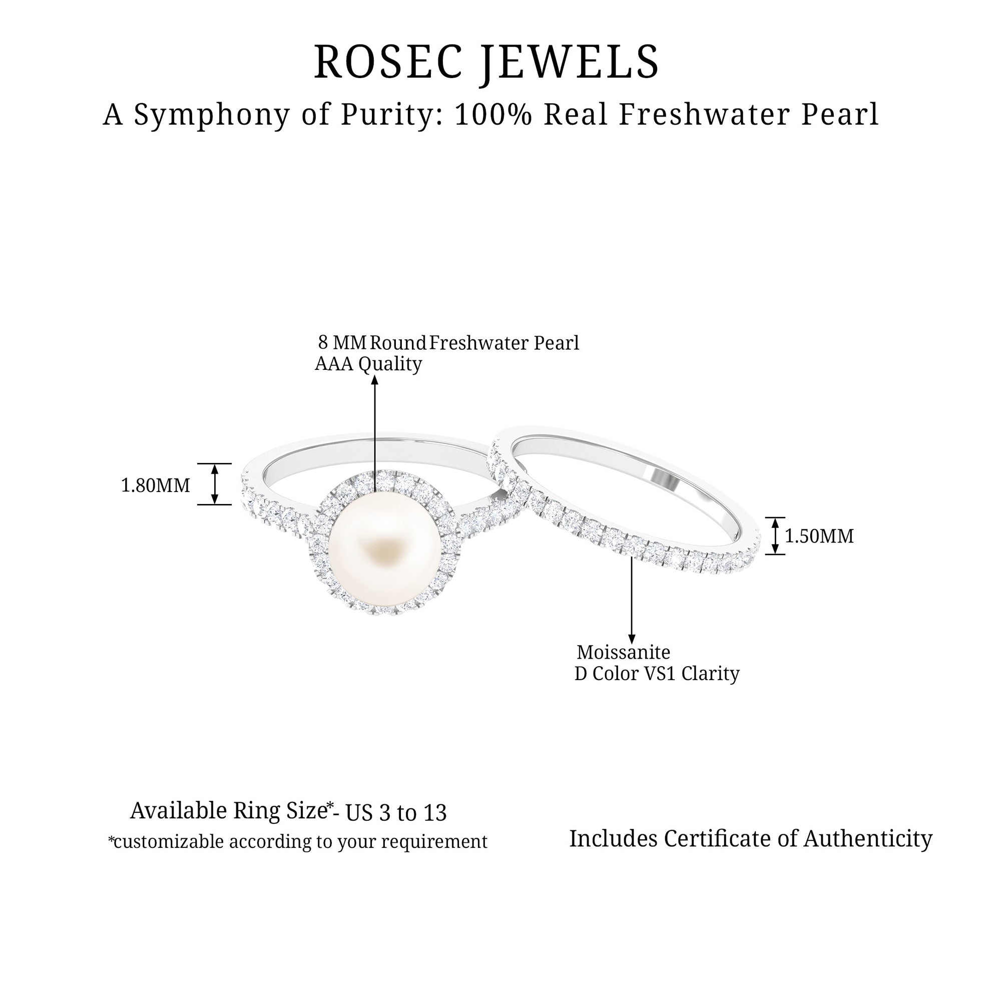 Freshwater Pearl and Moissanite Halo Wedding Ring Set in Gold Freshwater Pearl - ( AAA ) - Quality - Rosec Jewels