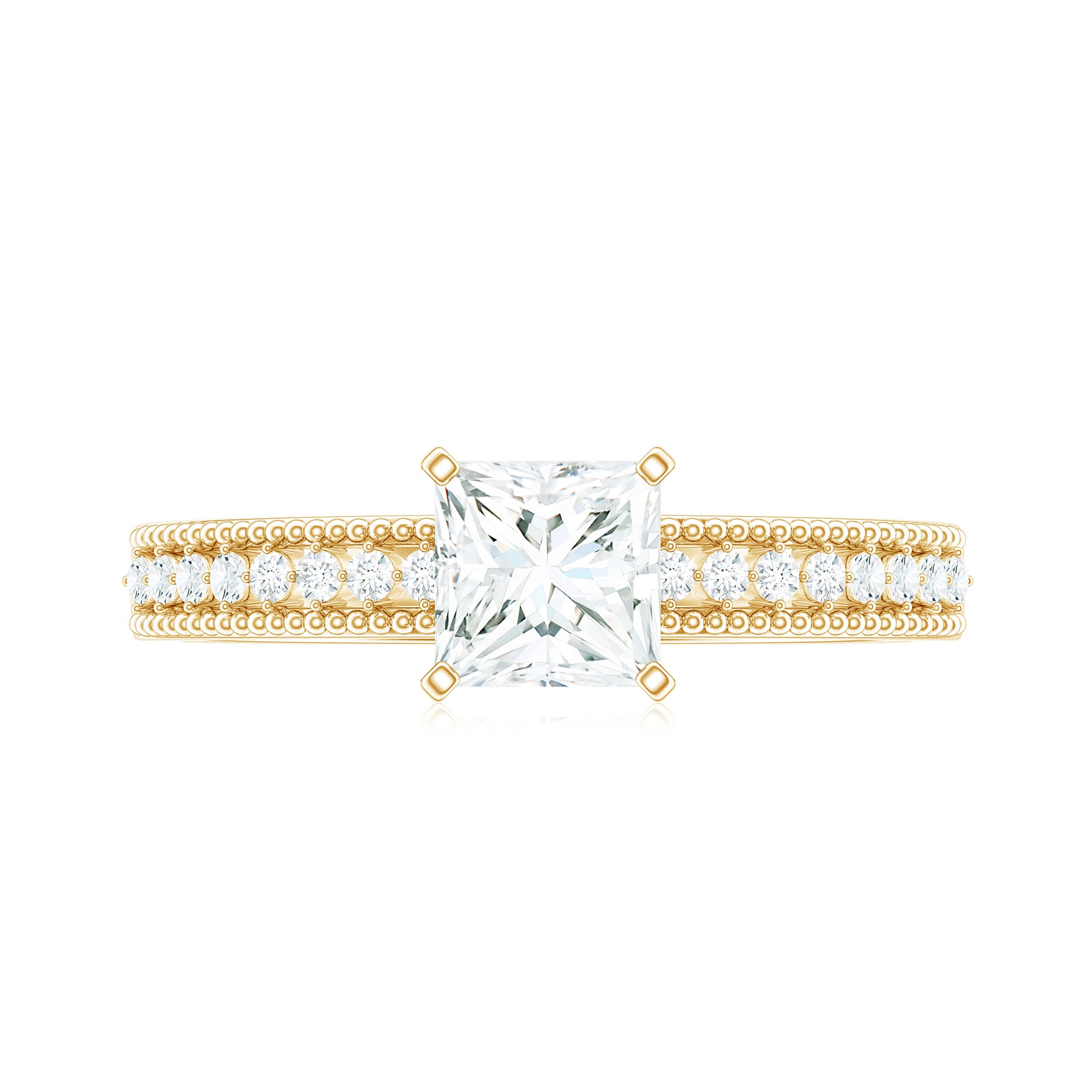 Princess Cut Moissanite Solitaire Engagement Ring with Gold Beaded Moissanite - ( D-VS1 ) - Color and Clarity - Rosec Jewels