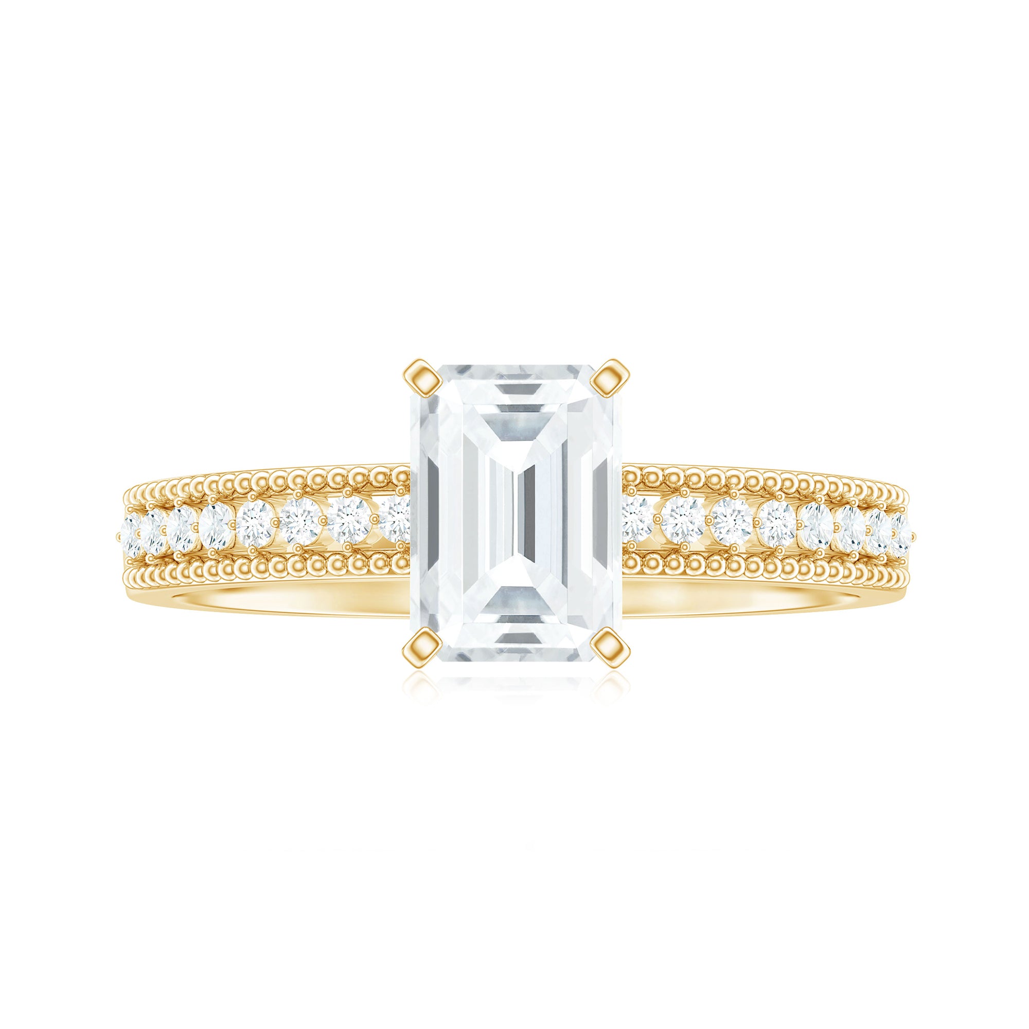 Emerald Cut Moissanite Solitaire Engagement Ring with Gold Beaded Moissanite - ( D-VS1 ) - Color and Clarity - Rosec Jewels