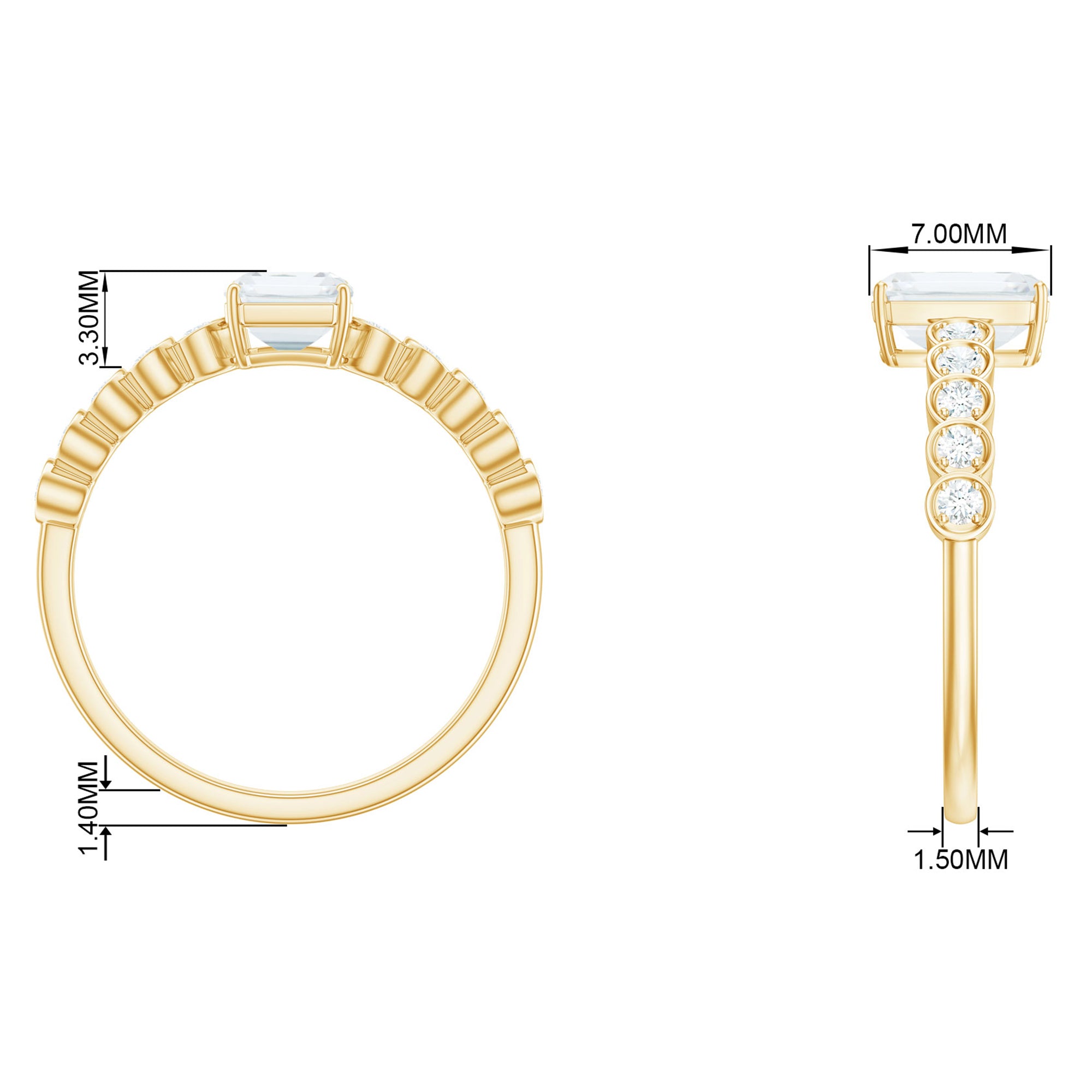 Emerald Cut Moissanite Solitaire Ring with Side Stones Moissanite - ( D-VS1 ) - Color and Clarity - Rosec Jewels