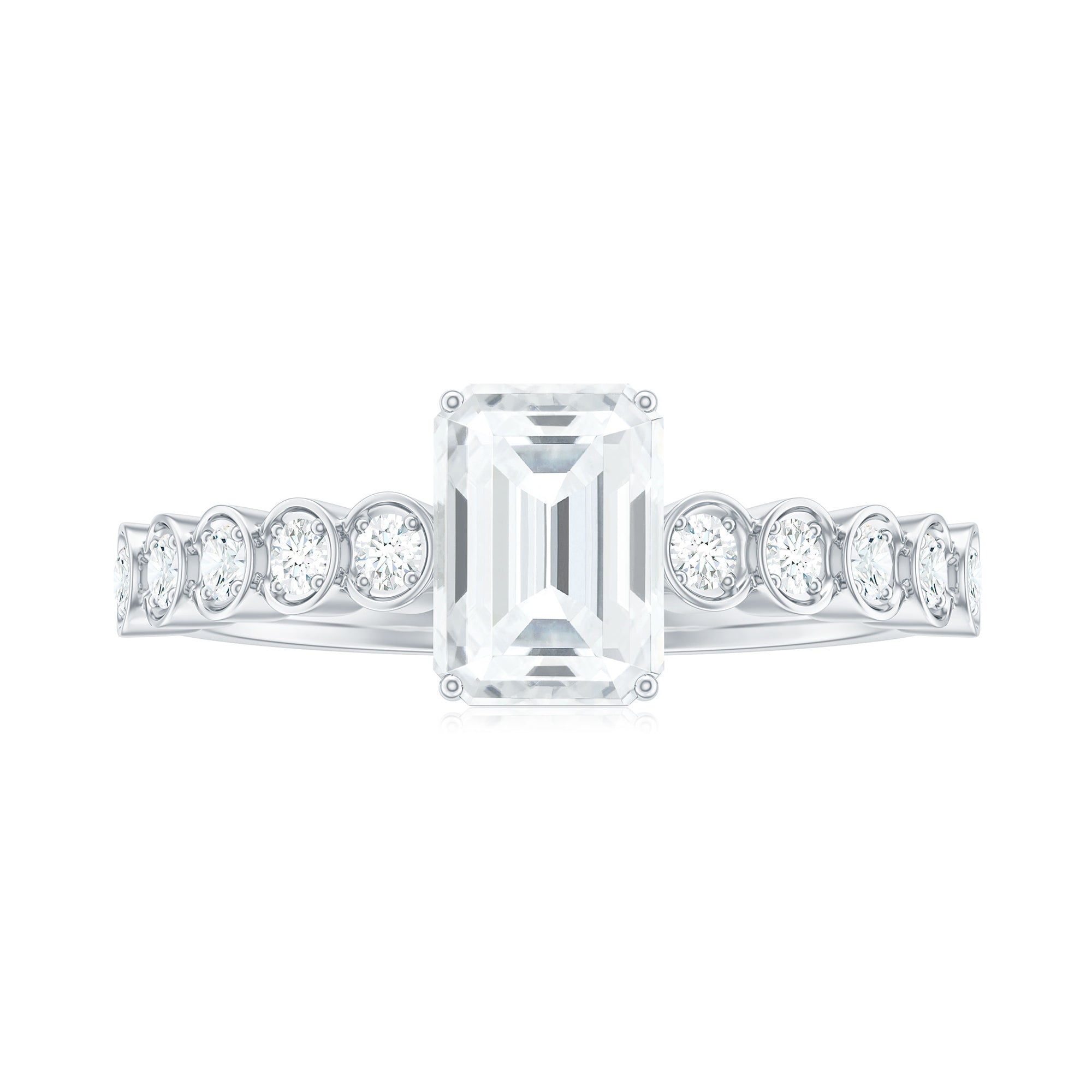 Emerald Cut Moissanite Solitaire Ring with Side Stones Moissanite - ( D-VS1 ) - Color and Clarity - Rosec Jewels