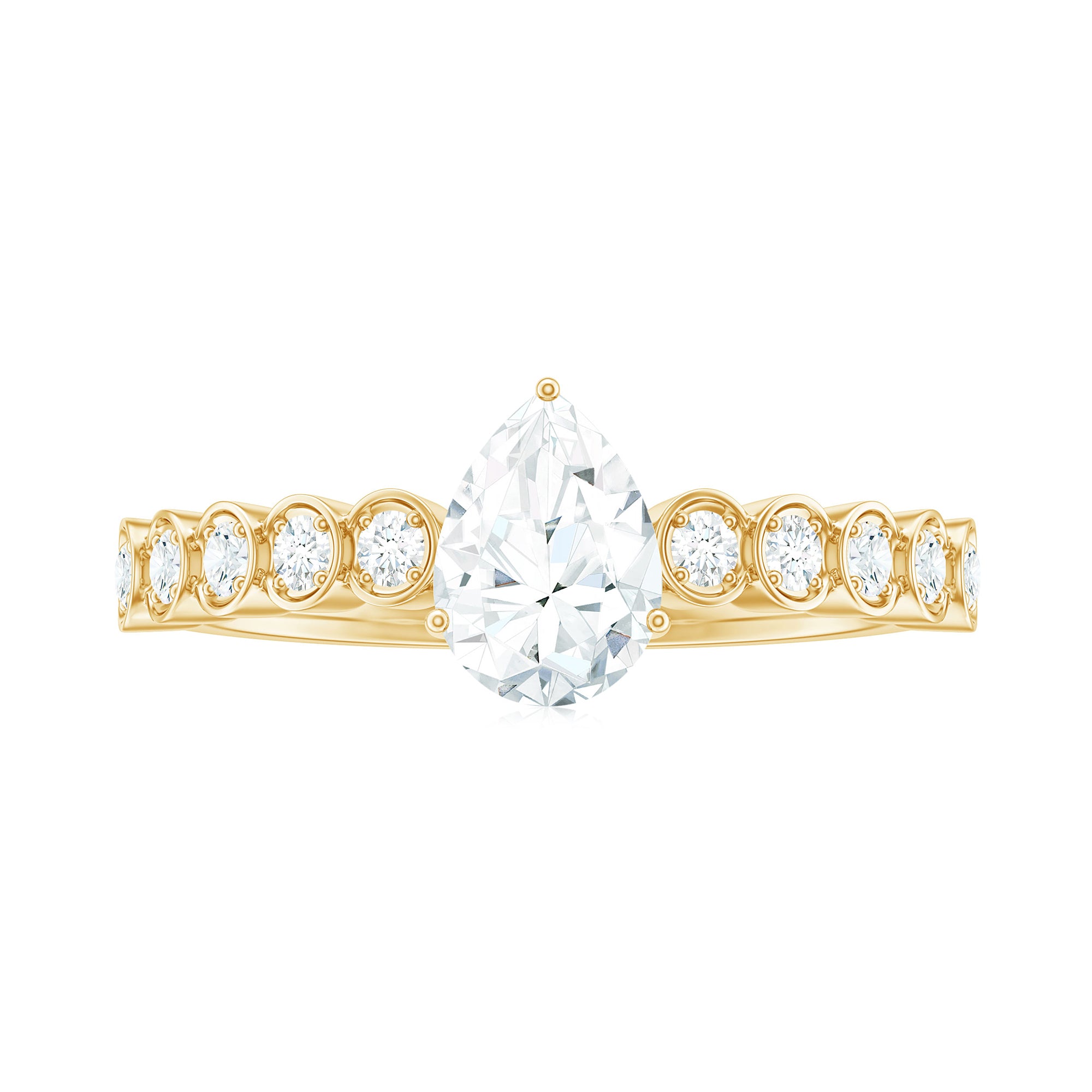 Pear Shaped Moissanite Solitaire Ring with Side Stones Moissanite - ( D-VS1 ) - Color and Clarity - Rosec Jewels