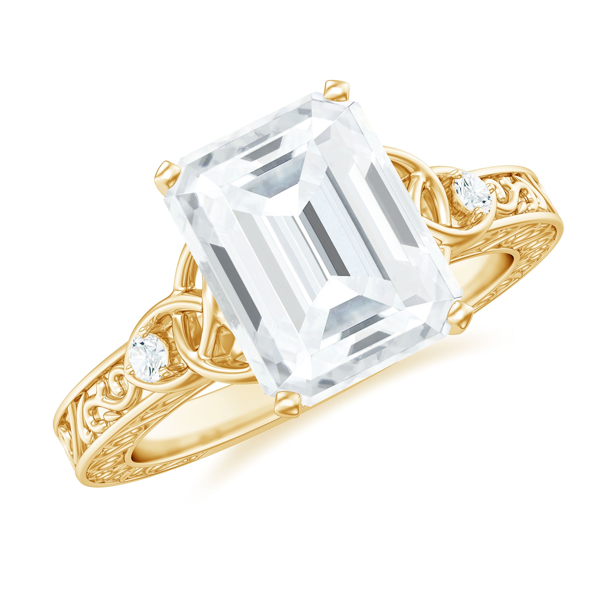 Antique Style Emerald Cut Moissanite Solitaire Celtic Knot Ring in Gold Moissanite - ( D-VS1 ) - Color and Clarity - Rosec Jewels