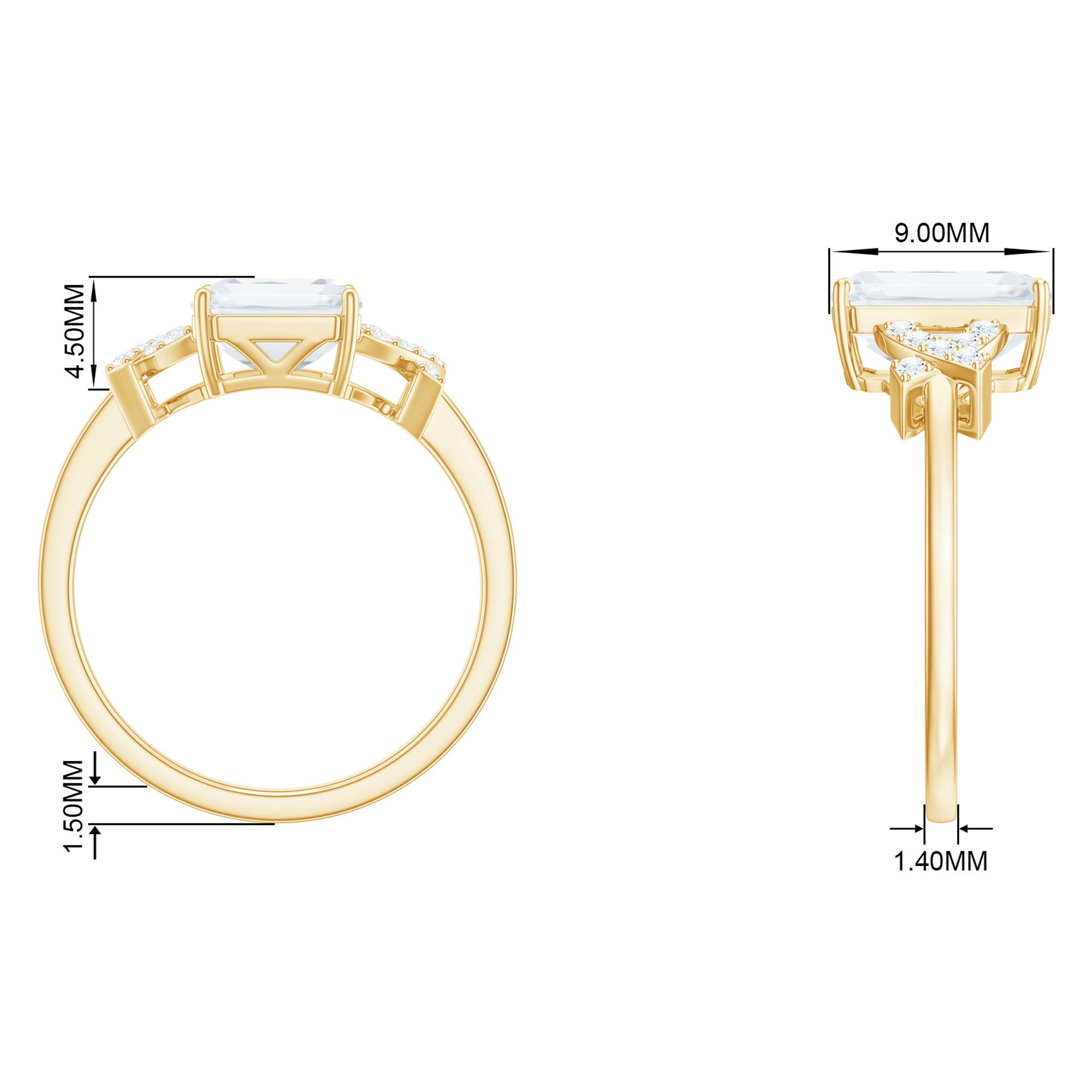 Emerald Cut Moissanite Solitaire Ring in Spilt Shank Moissanite - ( D-VS1 ) - Color and Clarity - Rosec Jewels