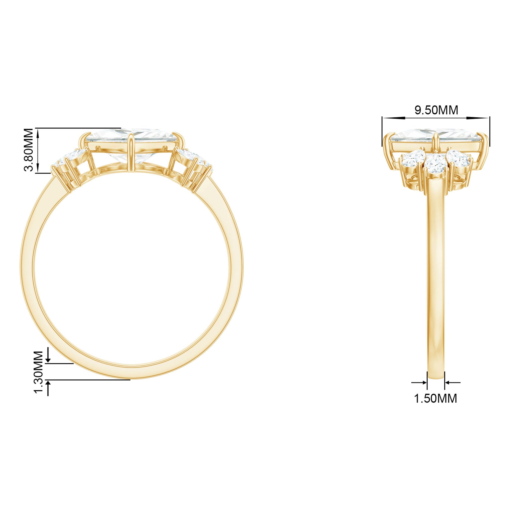 Princess Cut Moissanite Solitaire Engagement Ring with Trio Moissanite - ( D-VS1 ) - Color and Clarity - Rosec Jewels