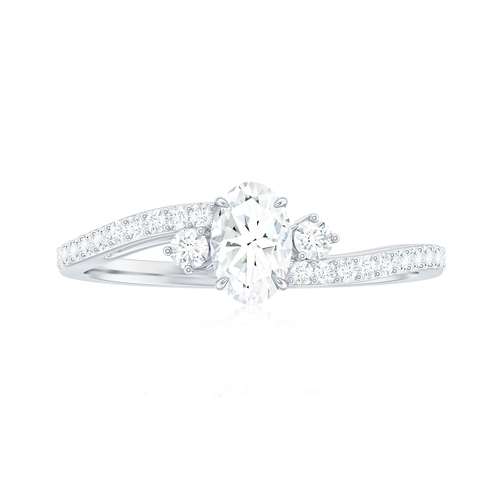 Oval Shape Moissanite Bypass Engagement Ring with Side Stones Moissanite - ( D-VS1 ) - Color and Clarity - Rosec Jewels