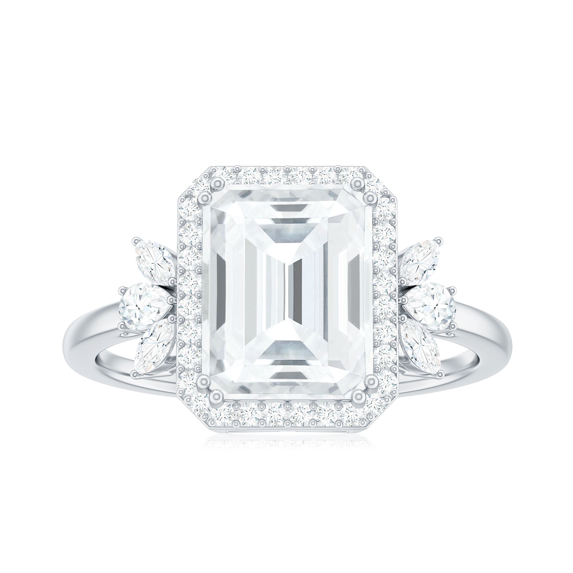 Emerald Cut Moissanite Engagement Ring with Halo Moissanite - ( D-VS1 ) - Color and Clarity - Rosec Jewels