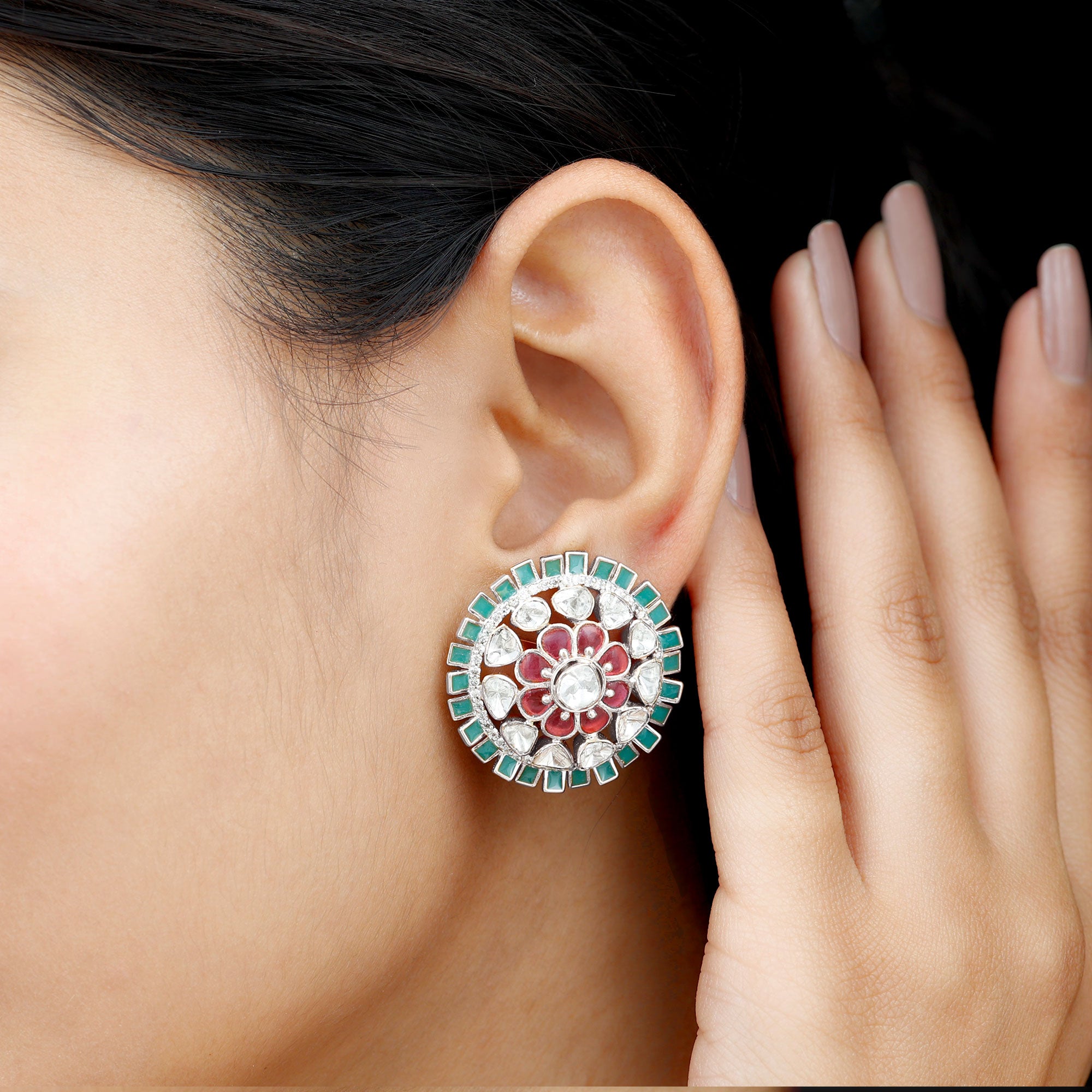 Diamond Polki Flower Stud Earrings with Created Tourmaline and Enamel - Rosec Jewels