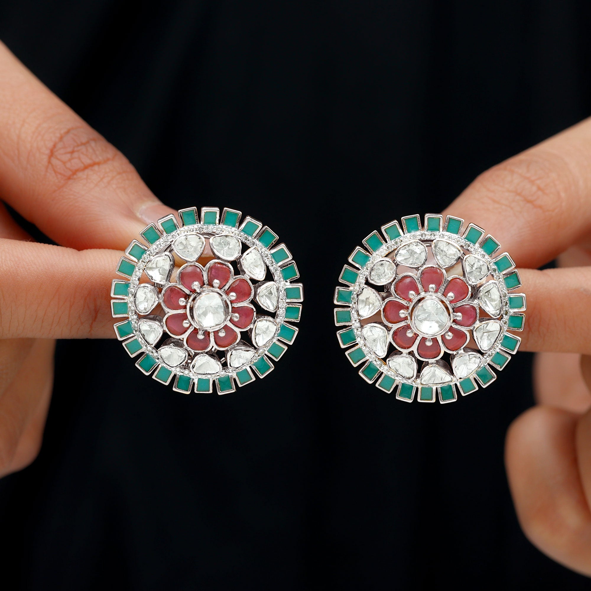 Diamond Polki Flower Stud Earrings with Created Tourmaline and Enamel - Rosec Jewels