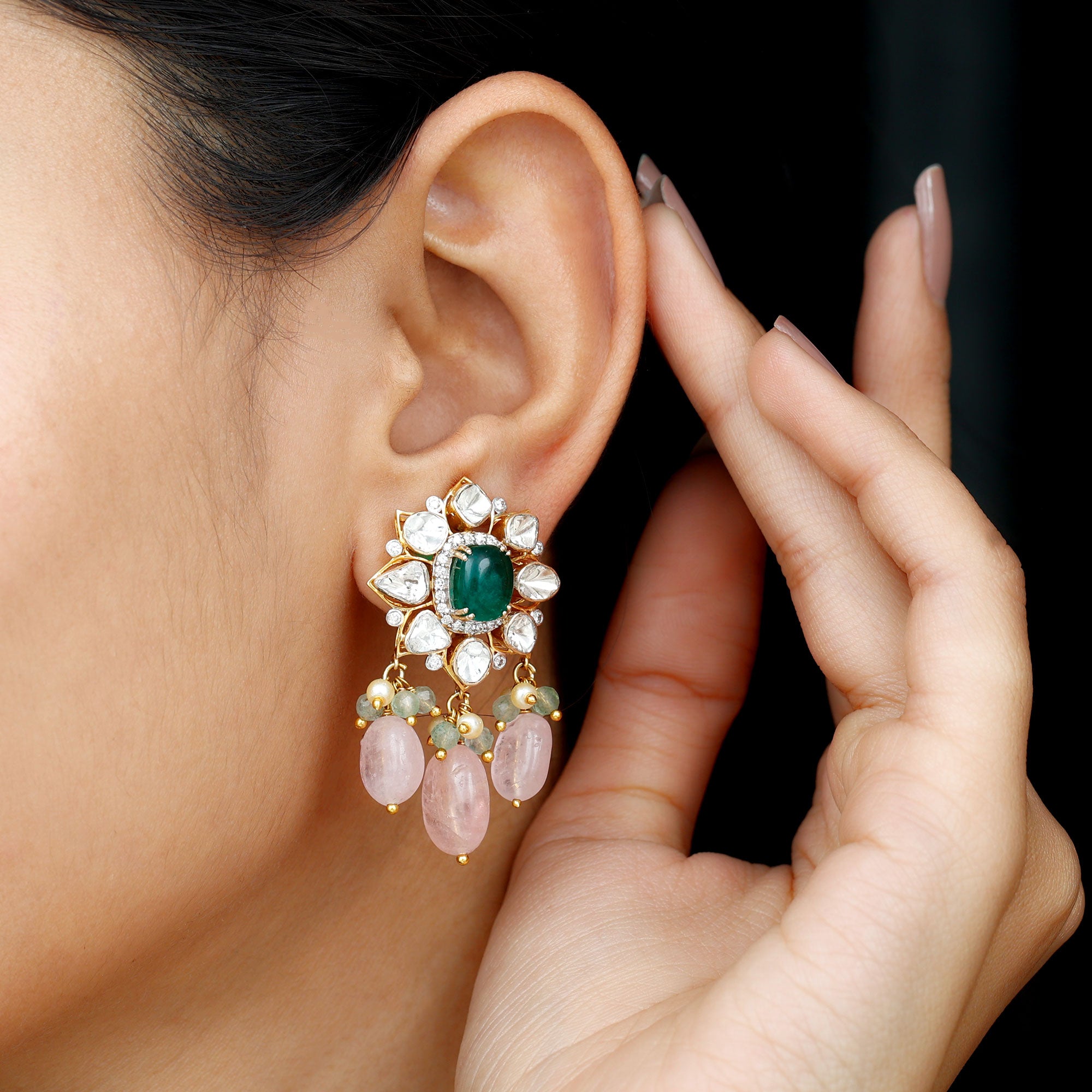 Created Emerald Diamond Polki Flower Drop Earrings with Morganite - Rosec Jewels