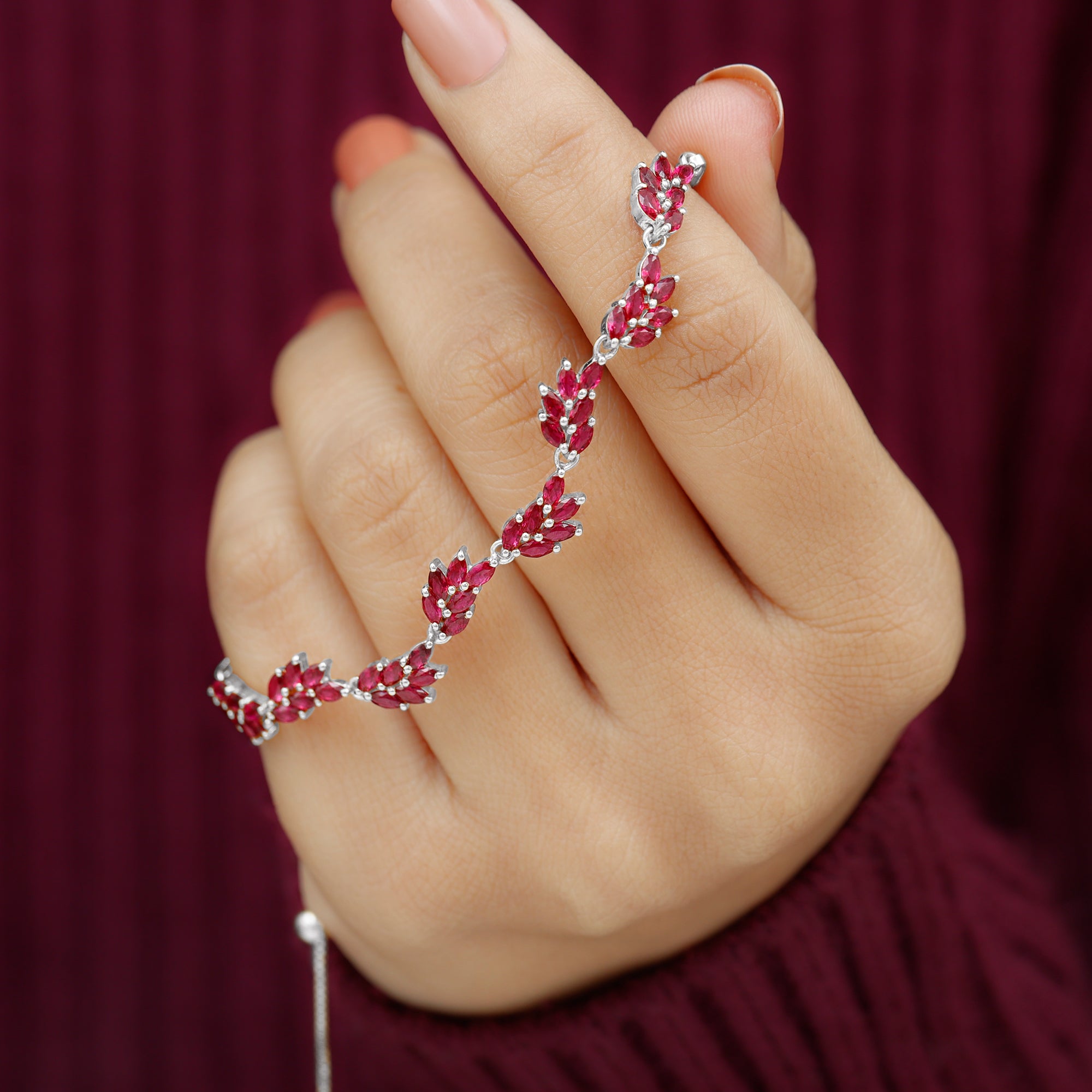 Marquise Lab Grown Ruby Leaf Bolo Bracelet Lab Created Ruby - ( AAAA ) - Quality - Rosec Jewels