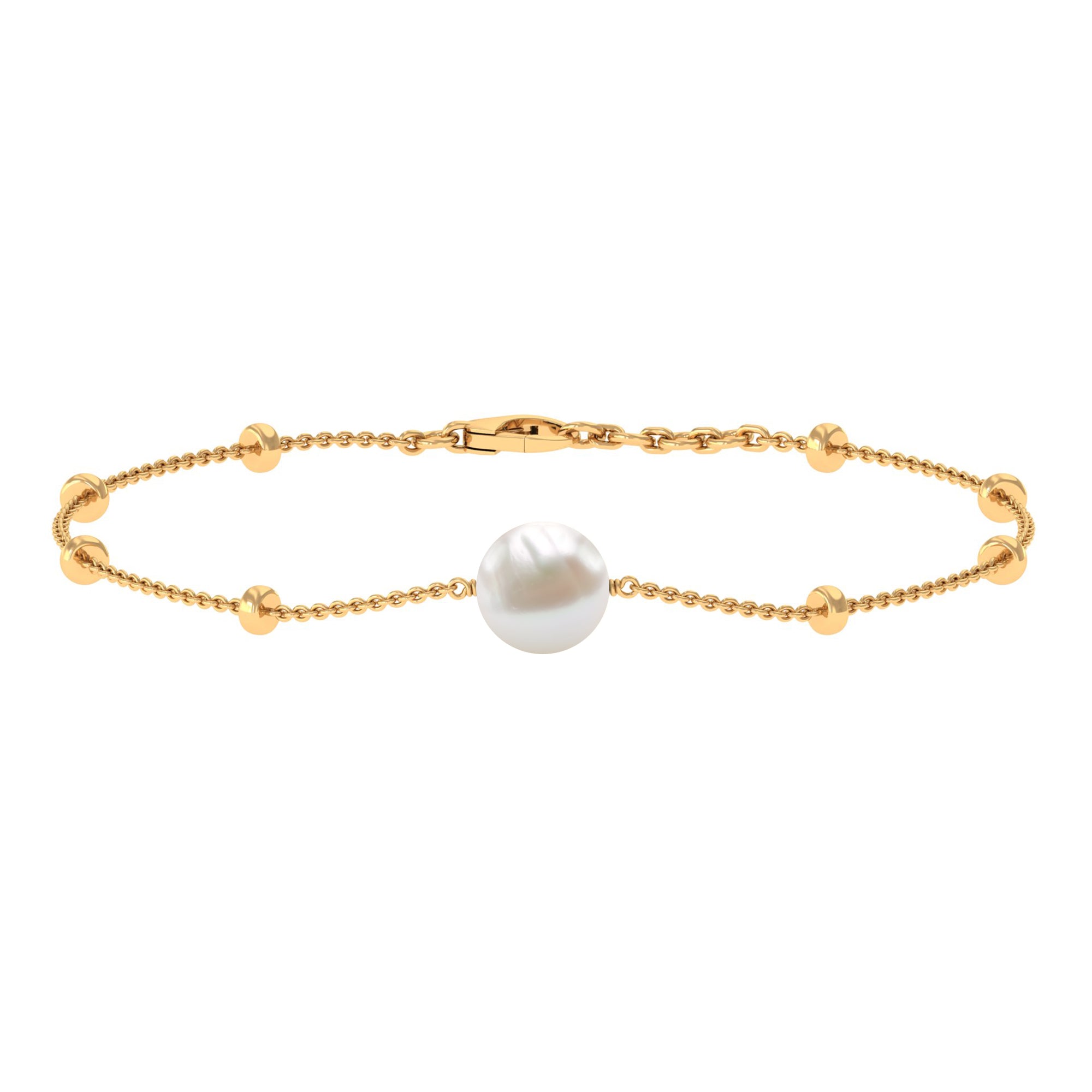 Solitaire Freshwater Pearl Chain Bracelet with Beaded Gold Freshwater Pearl - ( AAA ) - Quality - Rosec Jewels