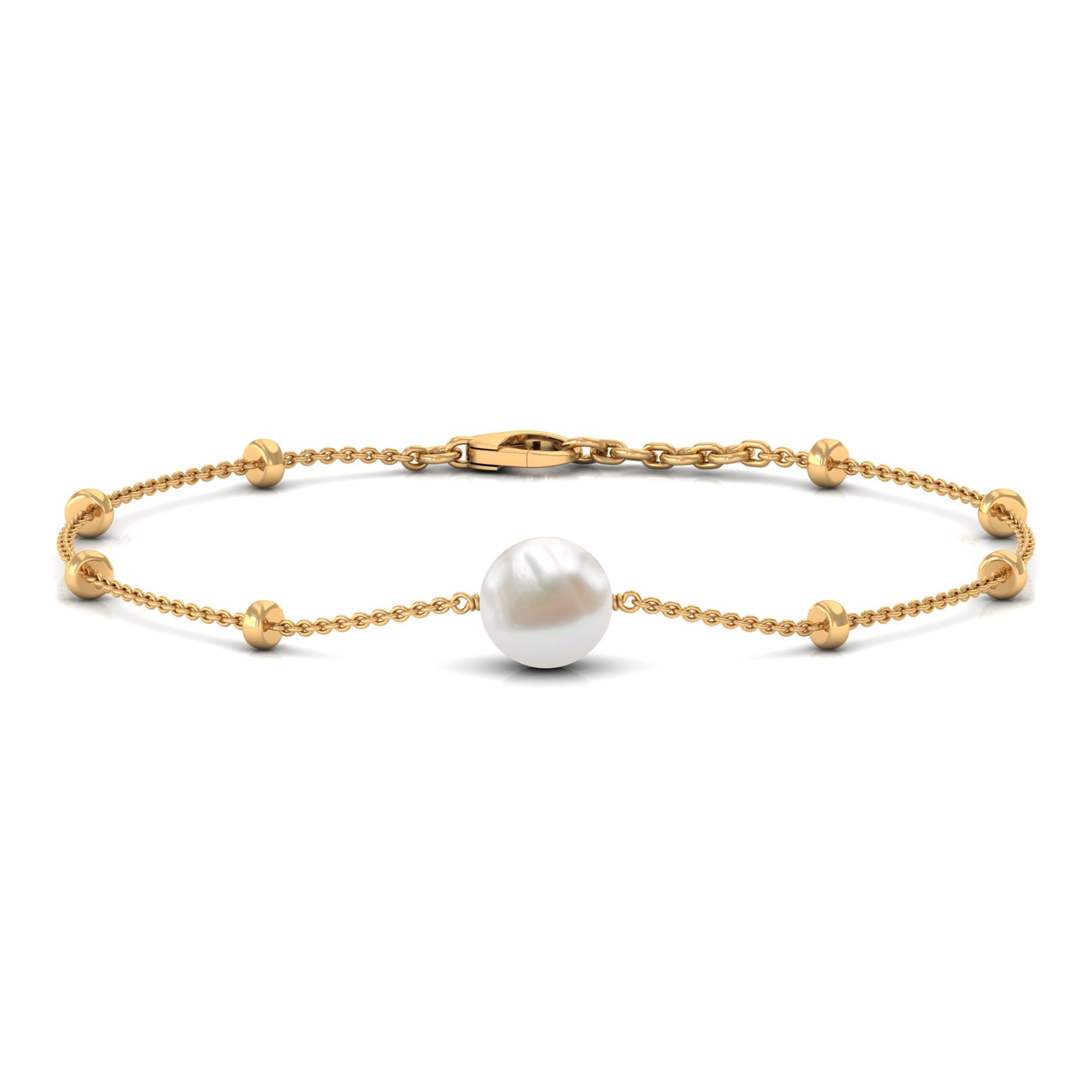 Solitaire Freshwater Pearl Chain Bracelet with Beaded Gold Freshwater Pearl - ( AAA ) - Quality - Rosec Jewels