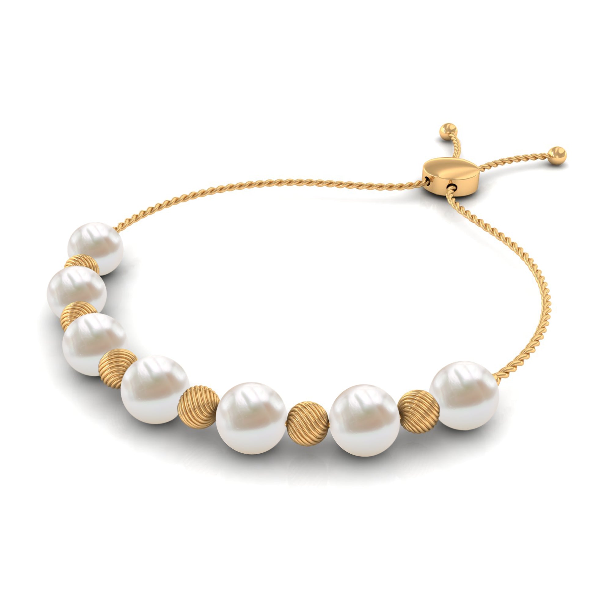 Freshwater Pearl Bolo Bracelet with Gold Textured Beaded Freshwater Pearl - ( AAA ) - Quality - Rosec Jewels