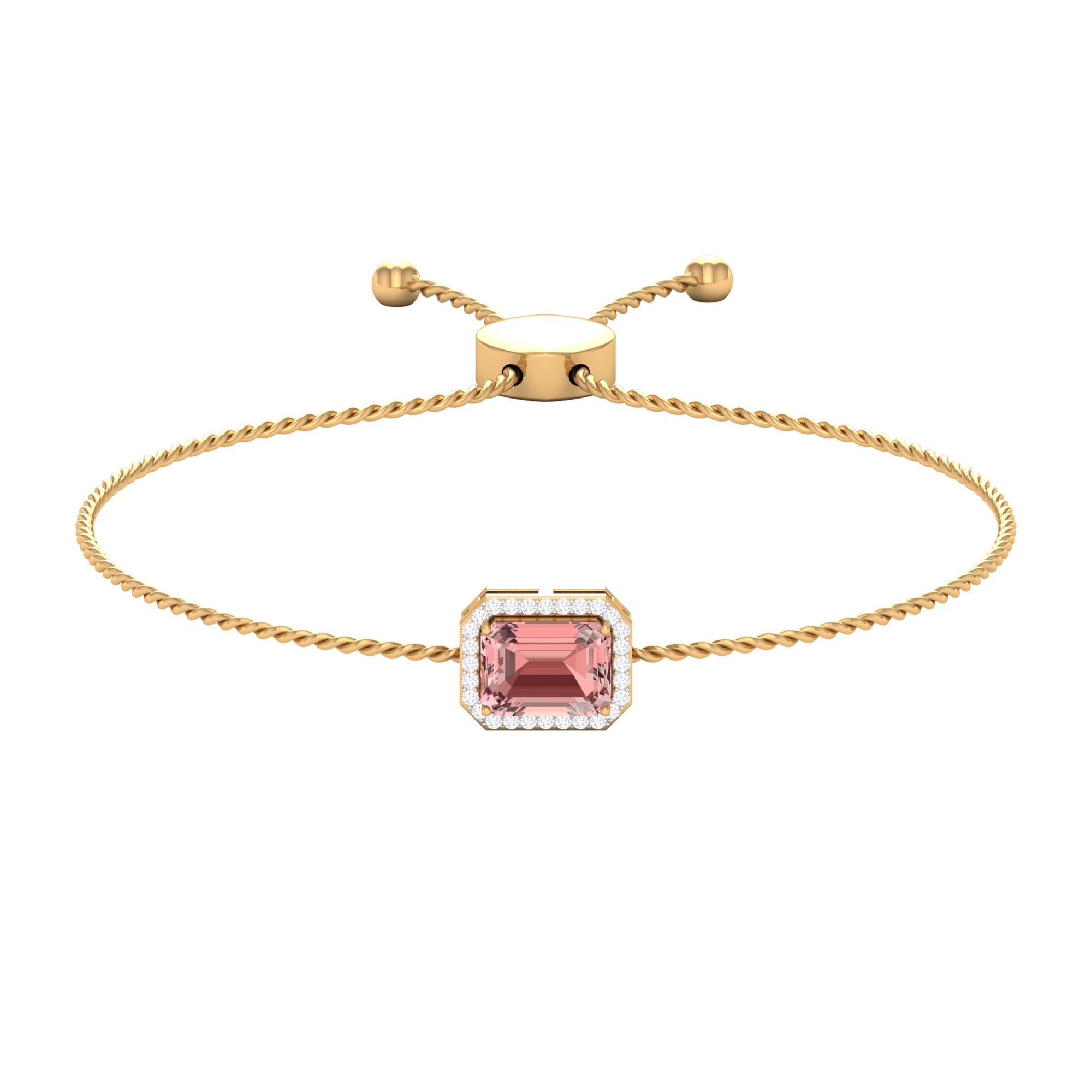 6X8 MM Emerald Cut Morganite Bolo Chain Bracelet with Diamond Accent Morganite - ( AAA ) - Quality - Rosec Jewels