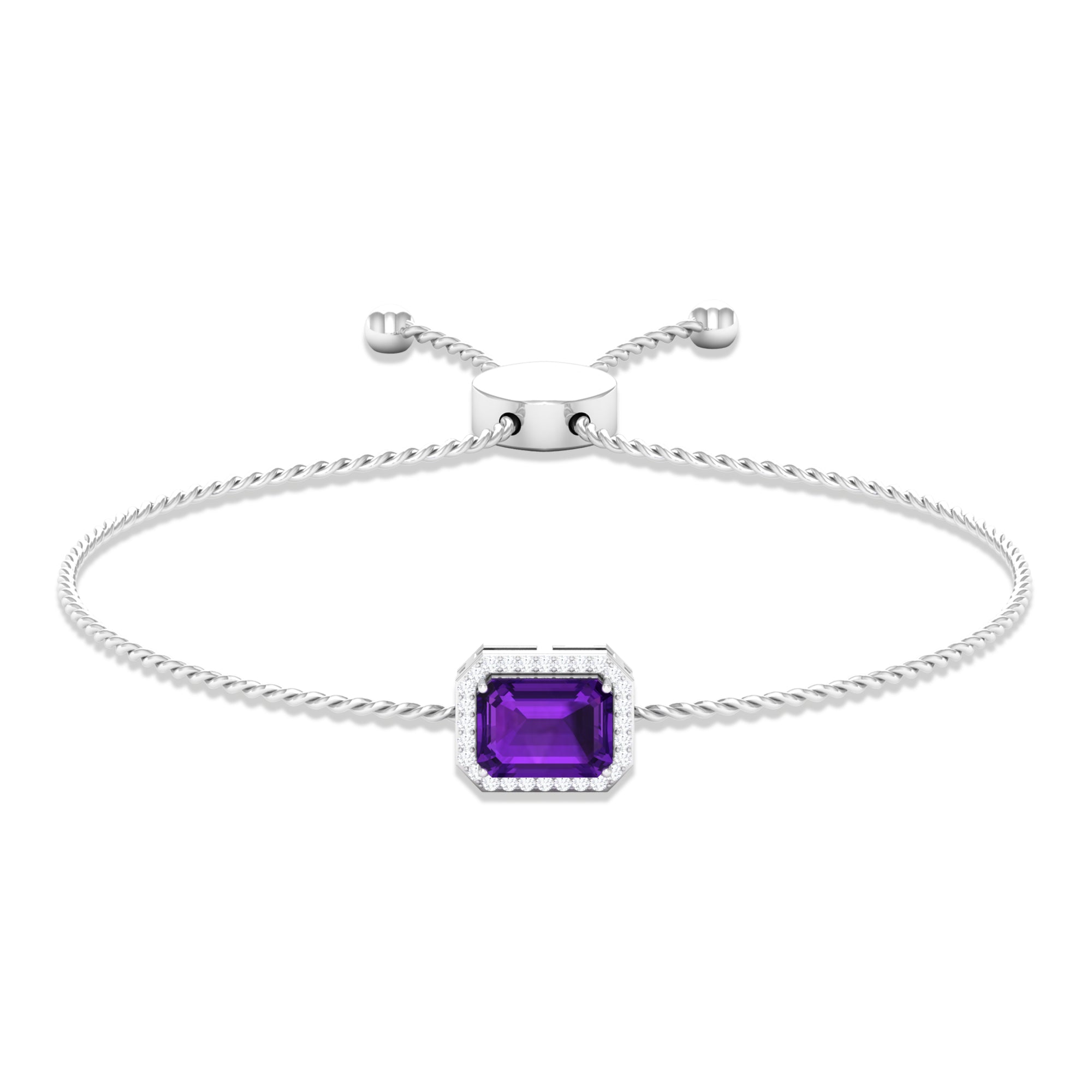 6X8 MM Octagon Cut Amethyst Bolo Chain Bracelet with Diamond Accent Amethyst - ( AAA ) - Quality - Rosec Jewels