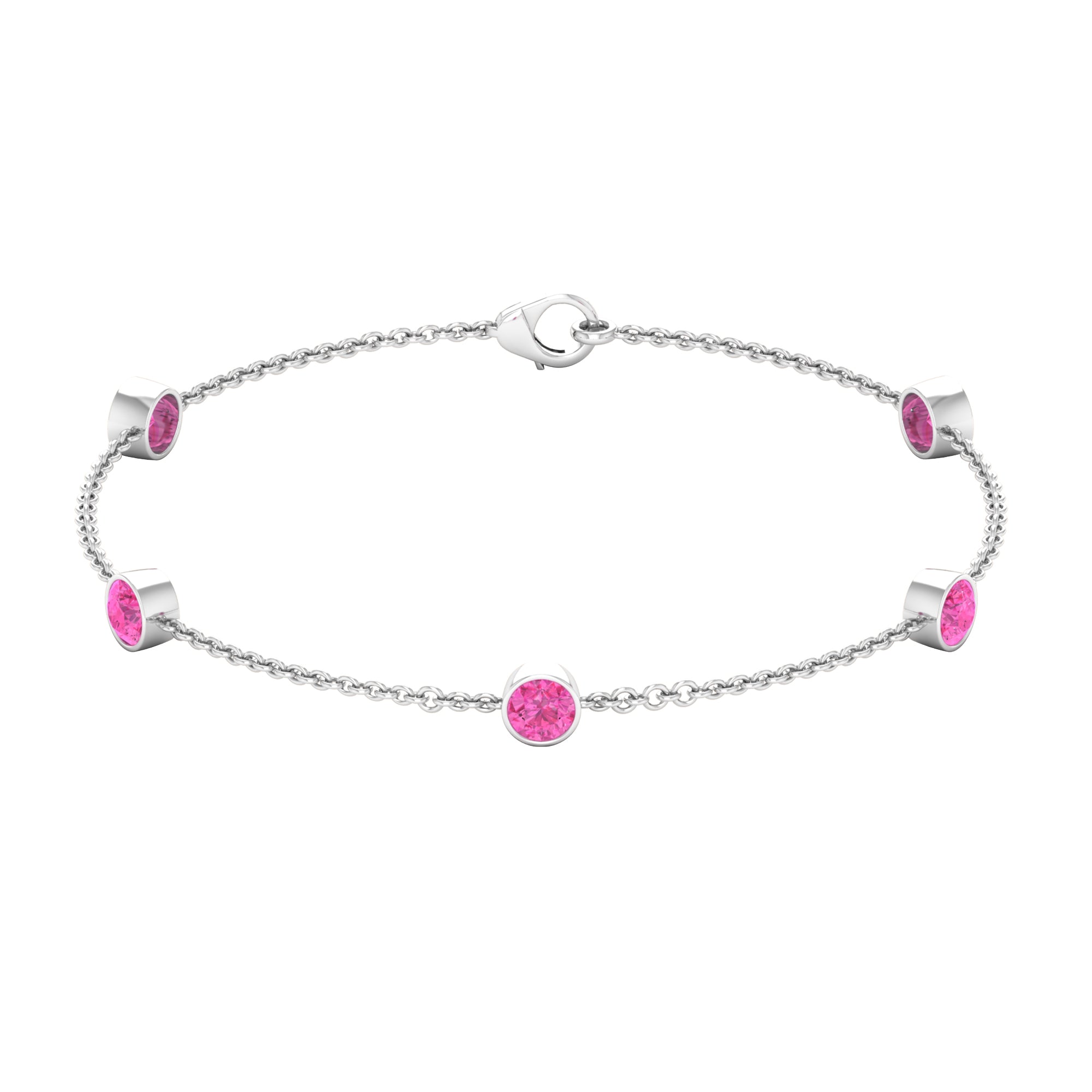 Bezel Set Pink Sapphire Five Stone Station Chain Bracelet Pink Sapphire - ( AAA ) - Quality - Rosec Jewels