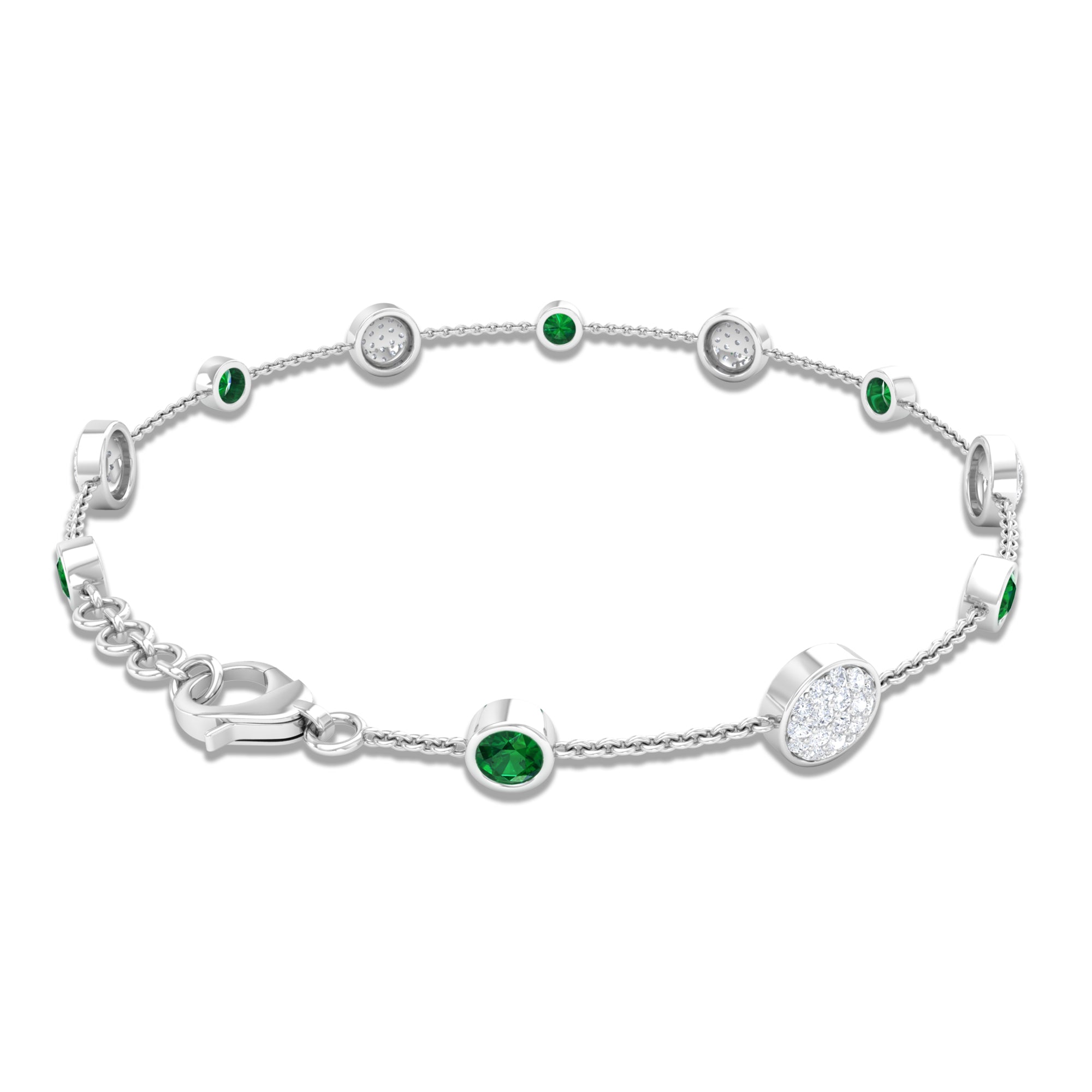 Bezel Set Emerald and Diamond Station Chain Bracelet Emerald - ( AAA ) - Quality - Rosec Jewels