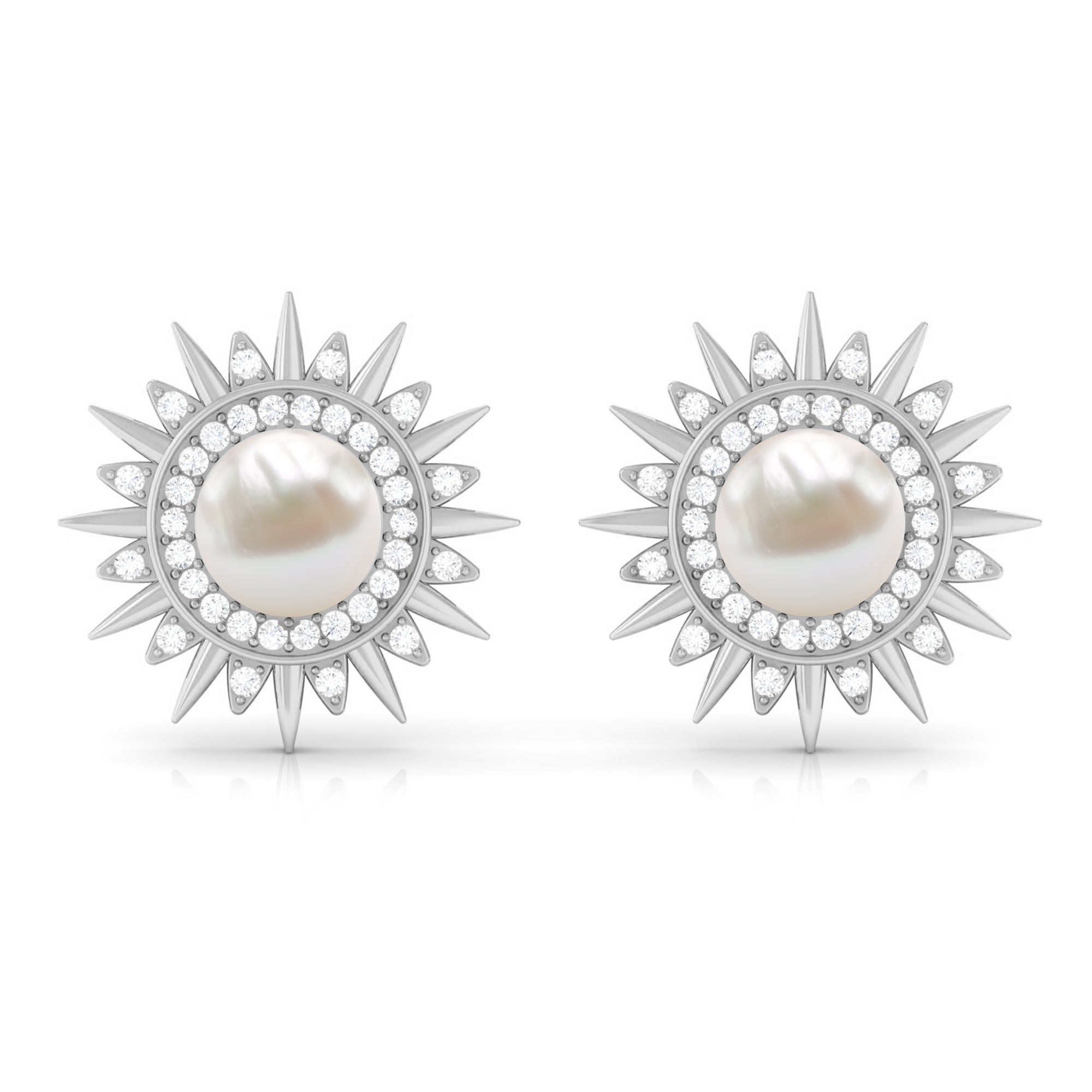 Freshwater Pearl Sunburst Stud Earrings with Diamond Halo Freshwater Pearl - ( AAA ) - Quality - Rosec Jewels