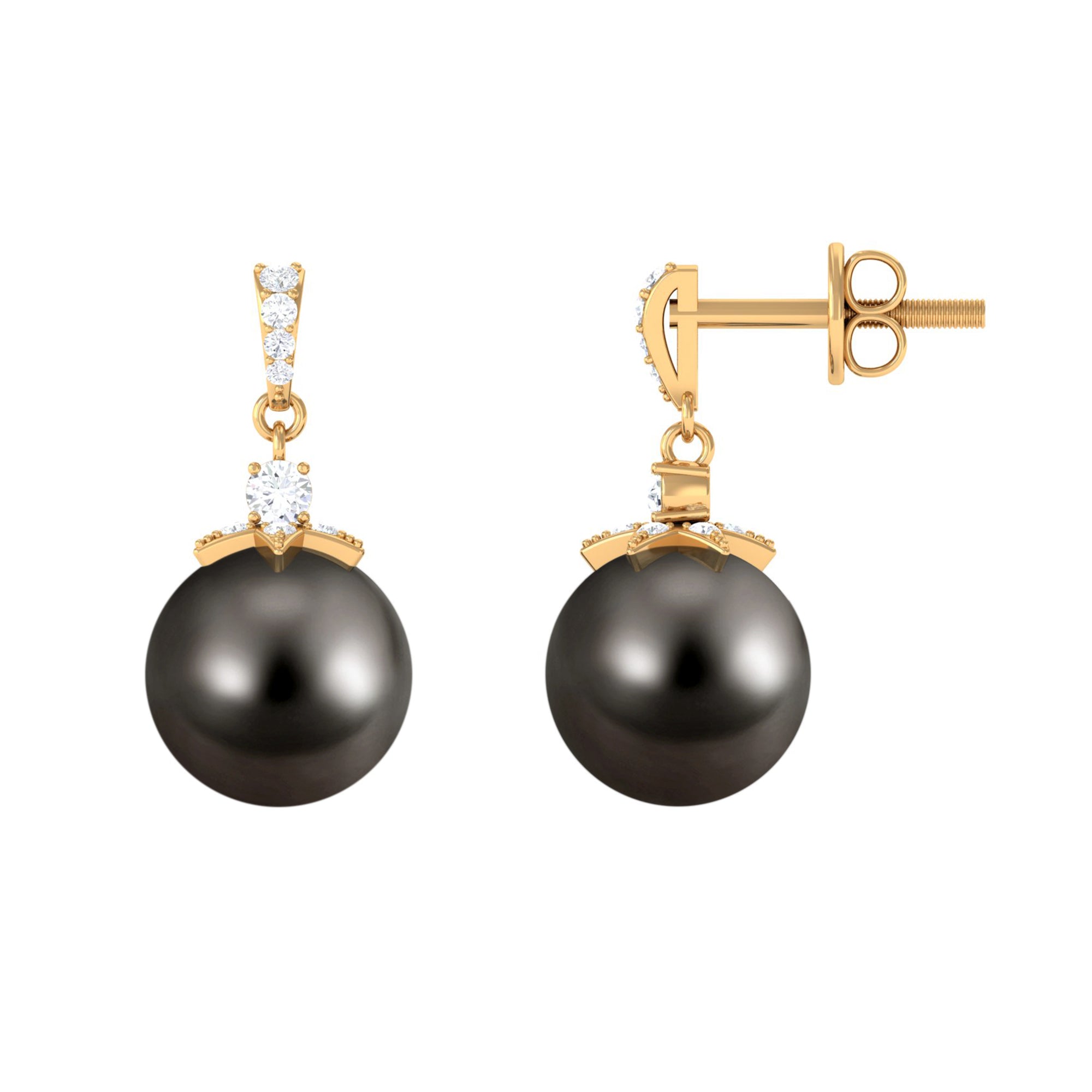 Genuine Tahitian Pearl and Diamond Drop Earrings Tahitian pearl - ( AAA ) - Quality - Rosec Jewels