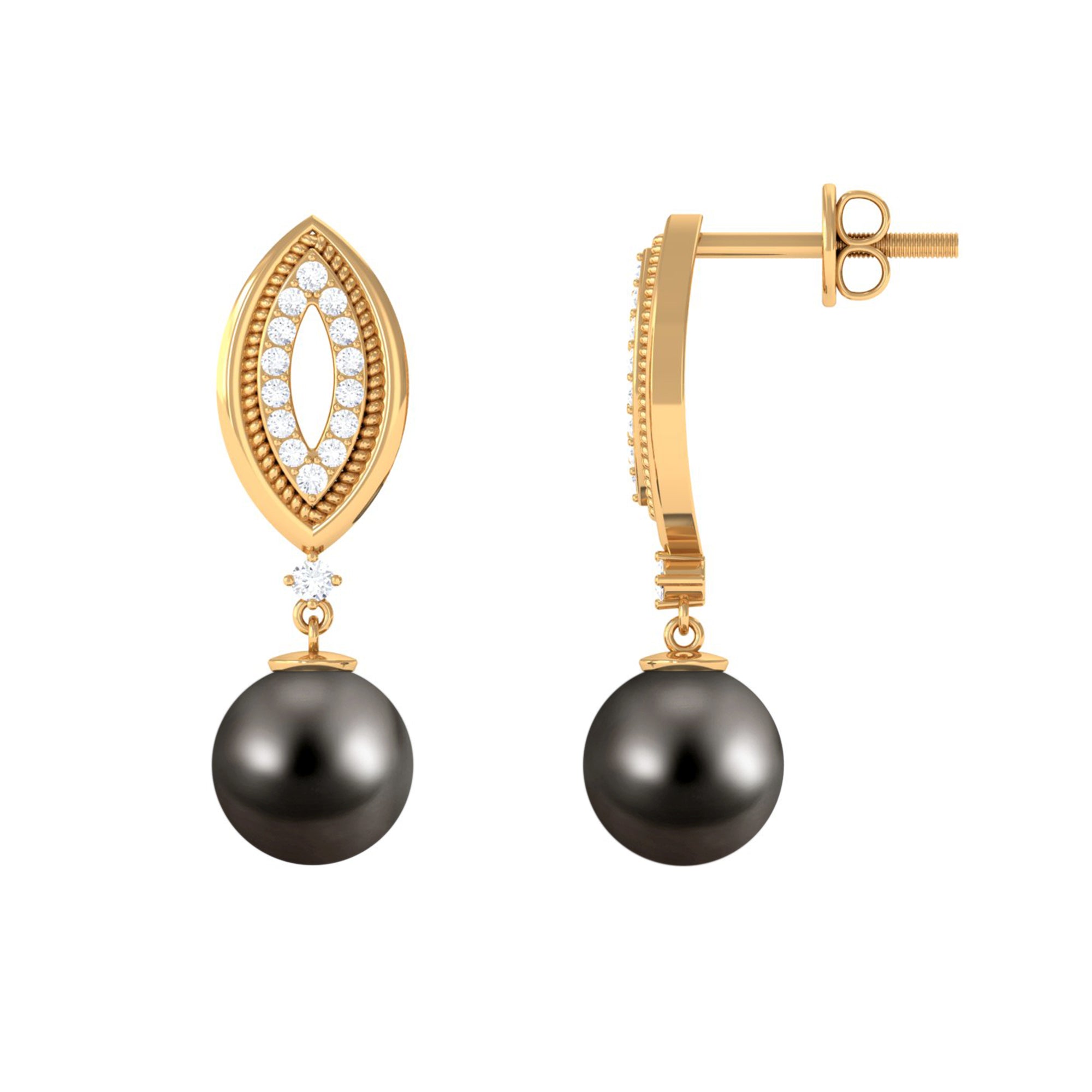 Classic Tahitian Pearl Drop Earrings with Diamonds Tahitian pearl - ( AAA ) - Quality - Rosec Jewels