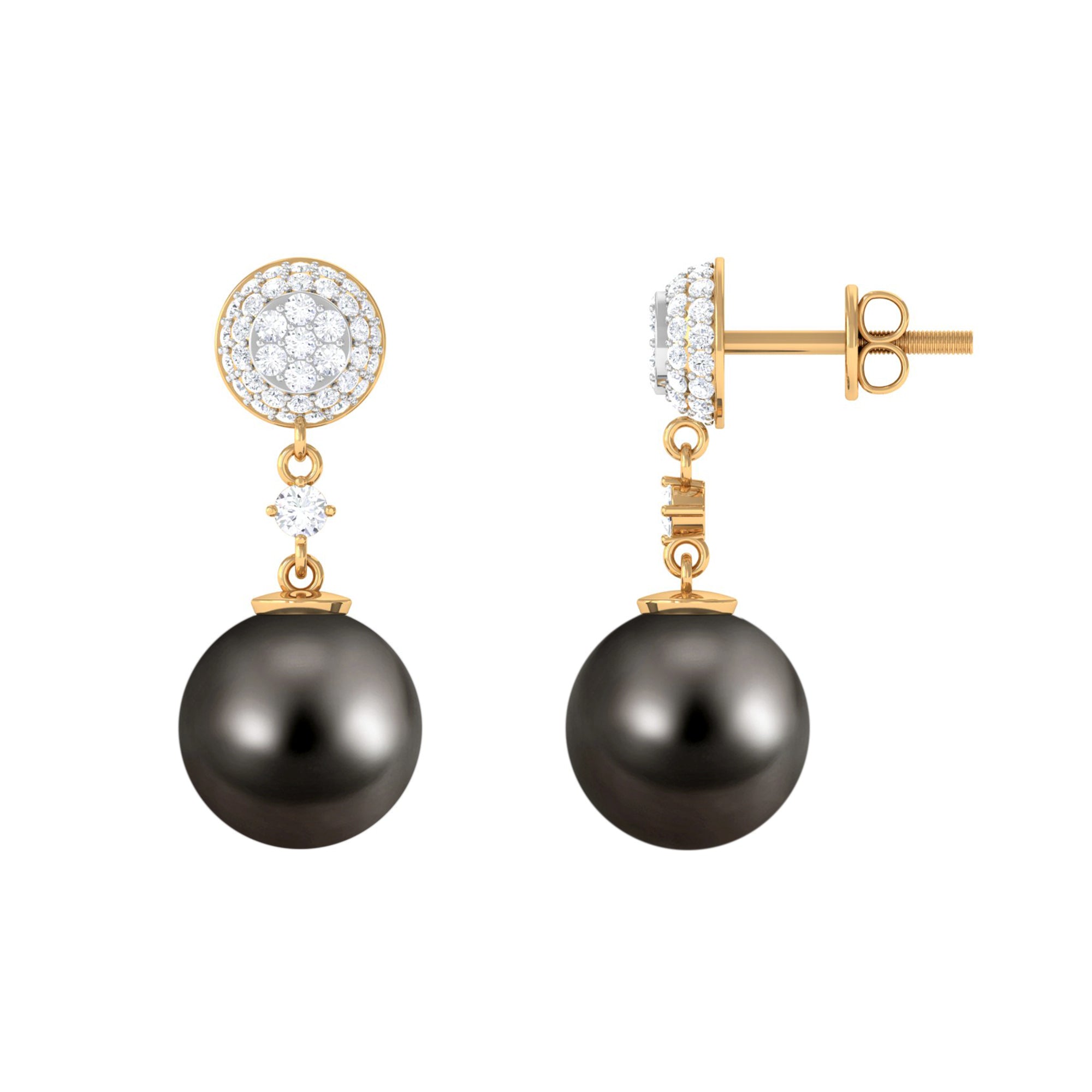 Natural Tahitian Pearl Dangle Earrings with Diamond Tahitian pearl - ( AAA ) - Quality - Rosec Jewels