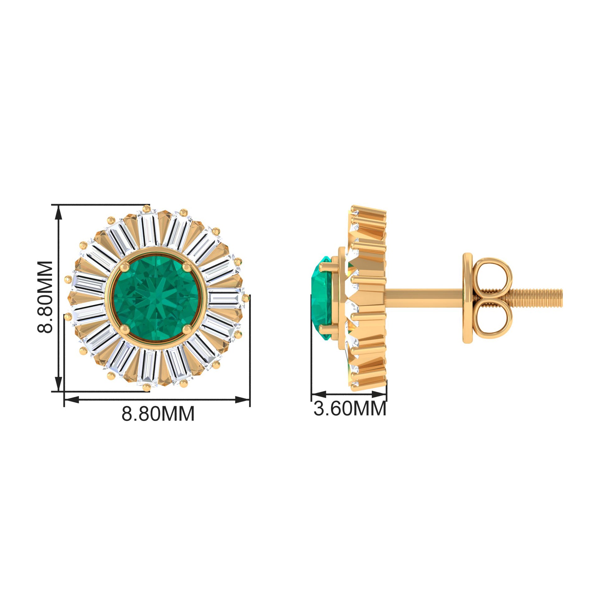 1 CT Prong Set Emerald Stud Earrings with Baguette Diamond Halo Emerald - ( AAA ) - Quality - Rosec Jewels