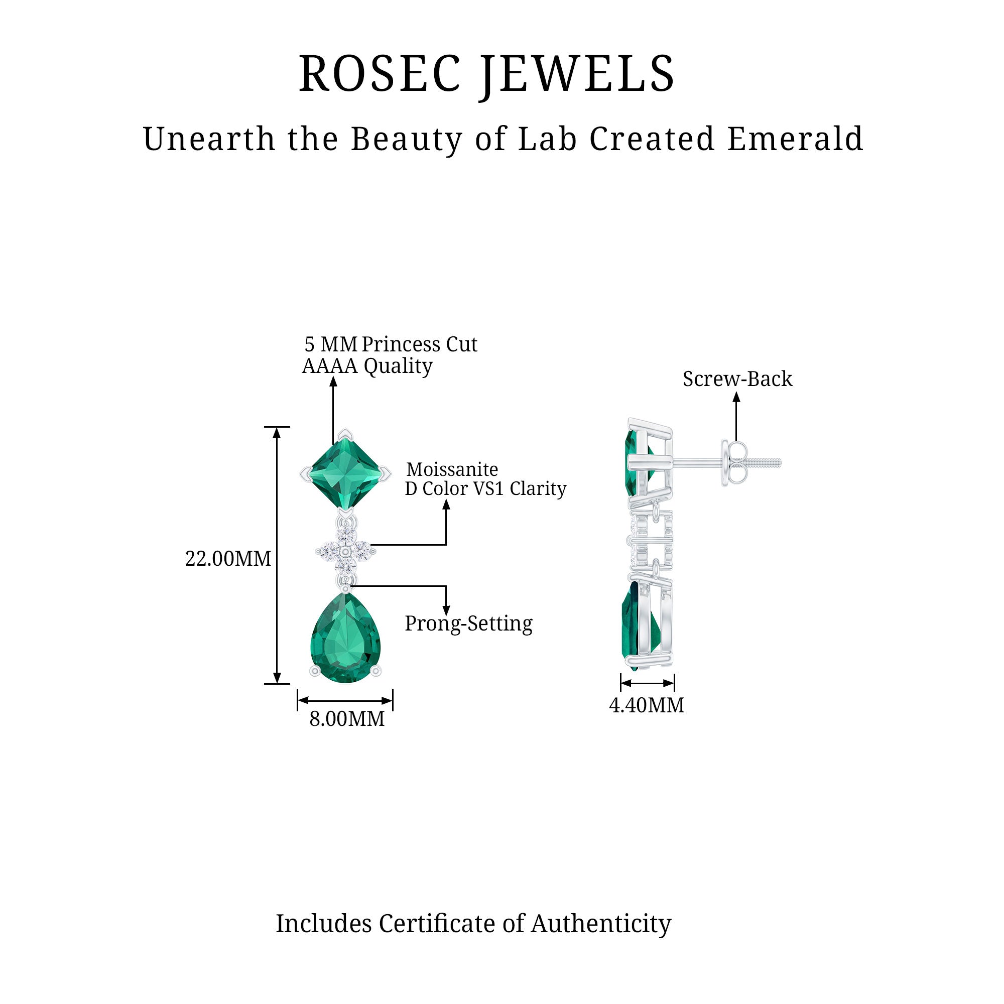 3.5 CT Created Emerald and Moissanite Bridal Dangle Earrings in Gold Lab Created Emerald - ( AAAA ) - Quality - Rosec Jewels