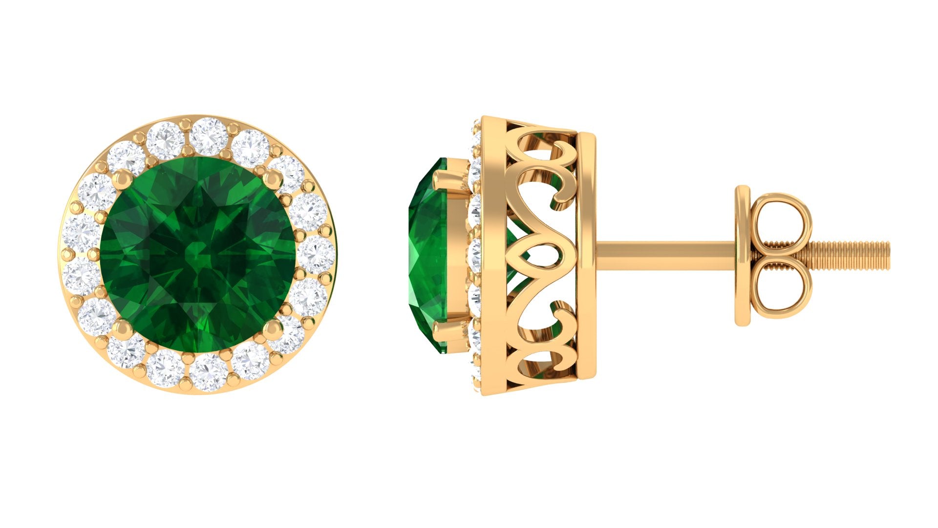 2-Carat Round Lab Created Emerald Stud Earrings With Diamond Halo Lab Created Emerald - ( AAAA ) - Quality - Rosec Jewels