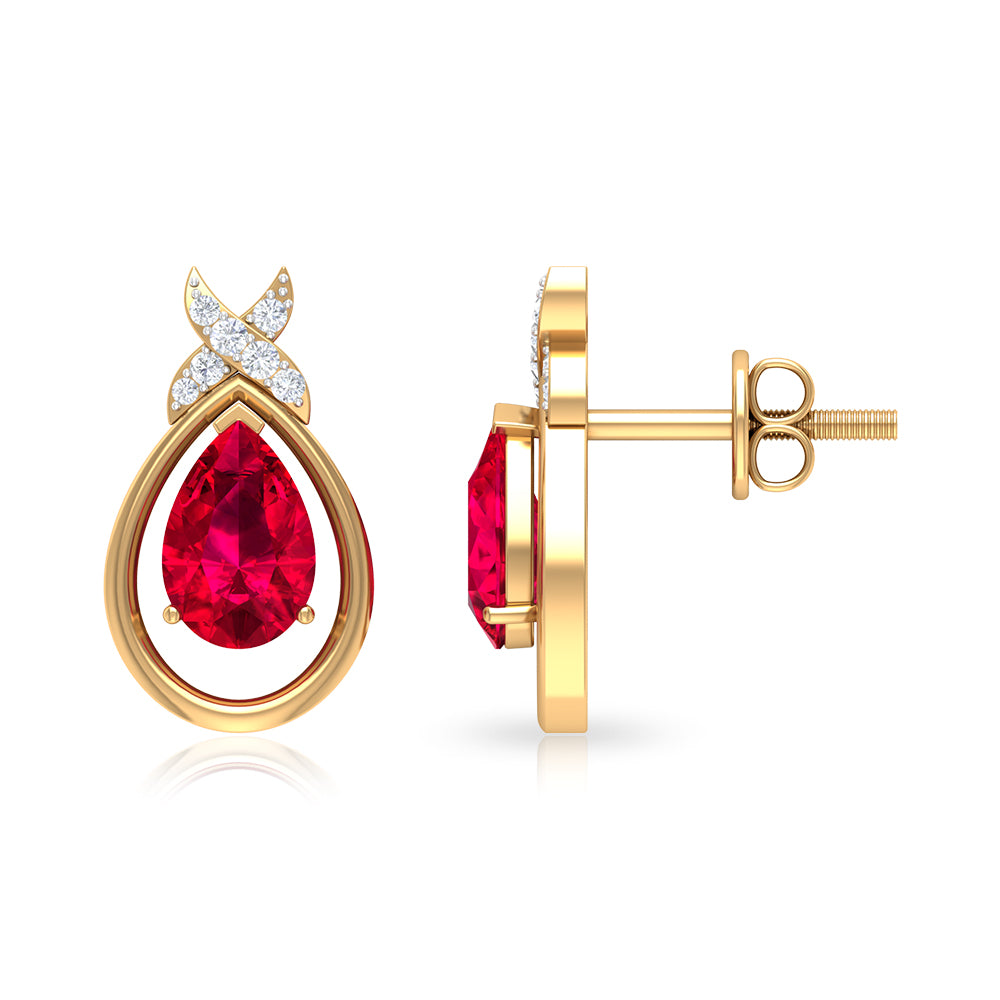 Classic Created Ruby and Diamond Teardrop Stud Earrings Lab Created Ruby - ( AAAA ) - Quality - Rosec Jewels