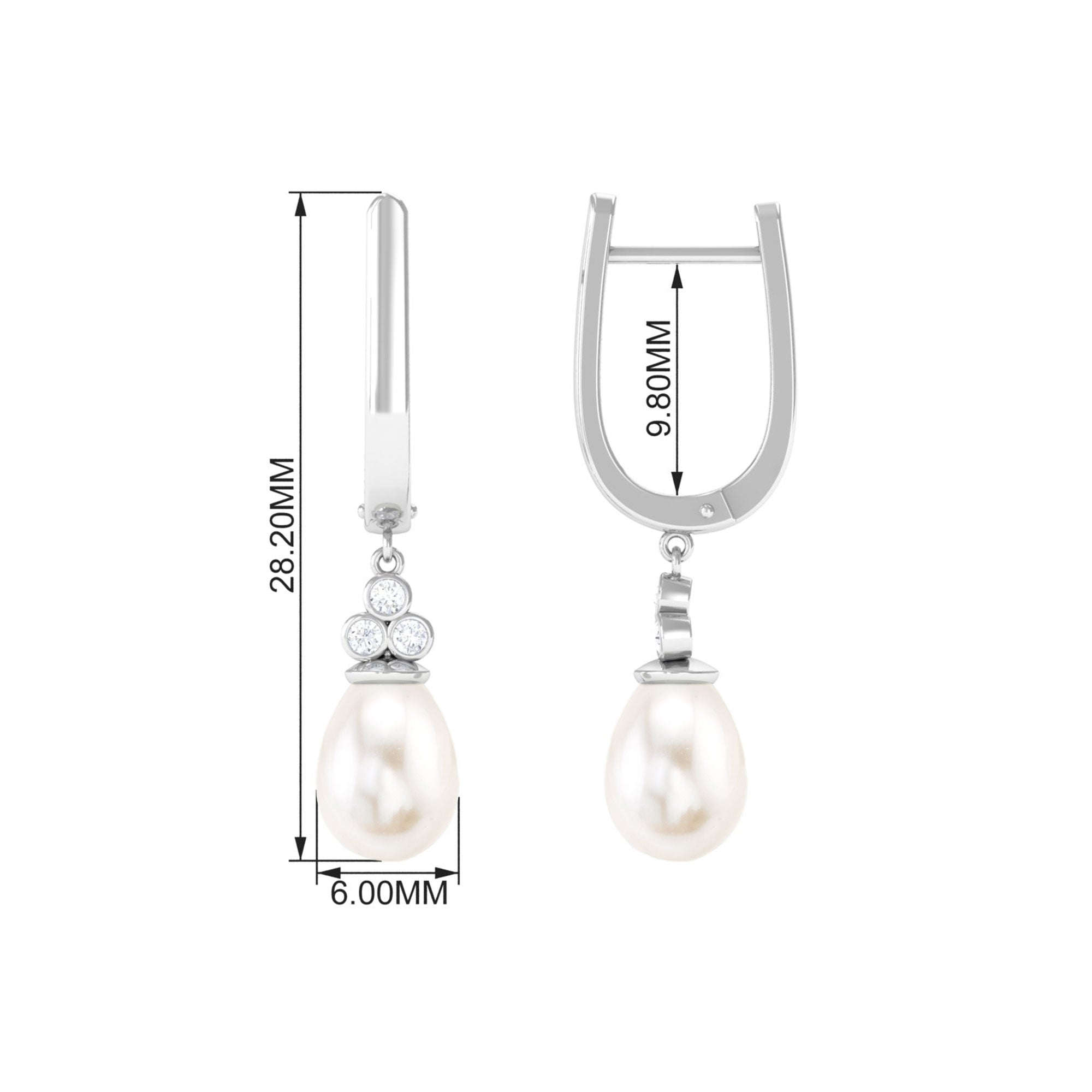 Freshwater Pearl Teardrop Latch Back Earrings with Diamond Freshwater Pearl - ( AAA ) - Quality - Rosec Jewels