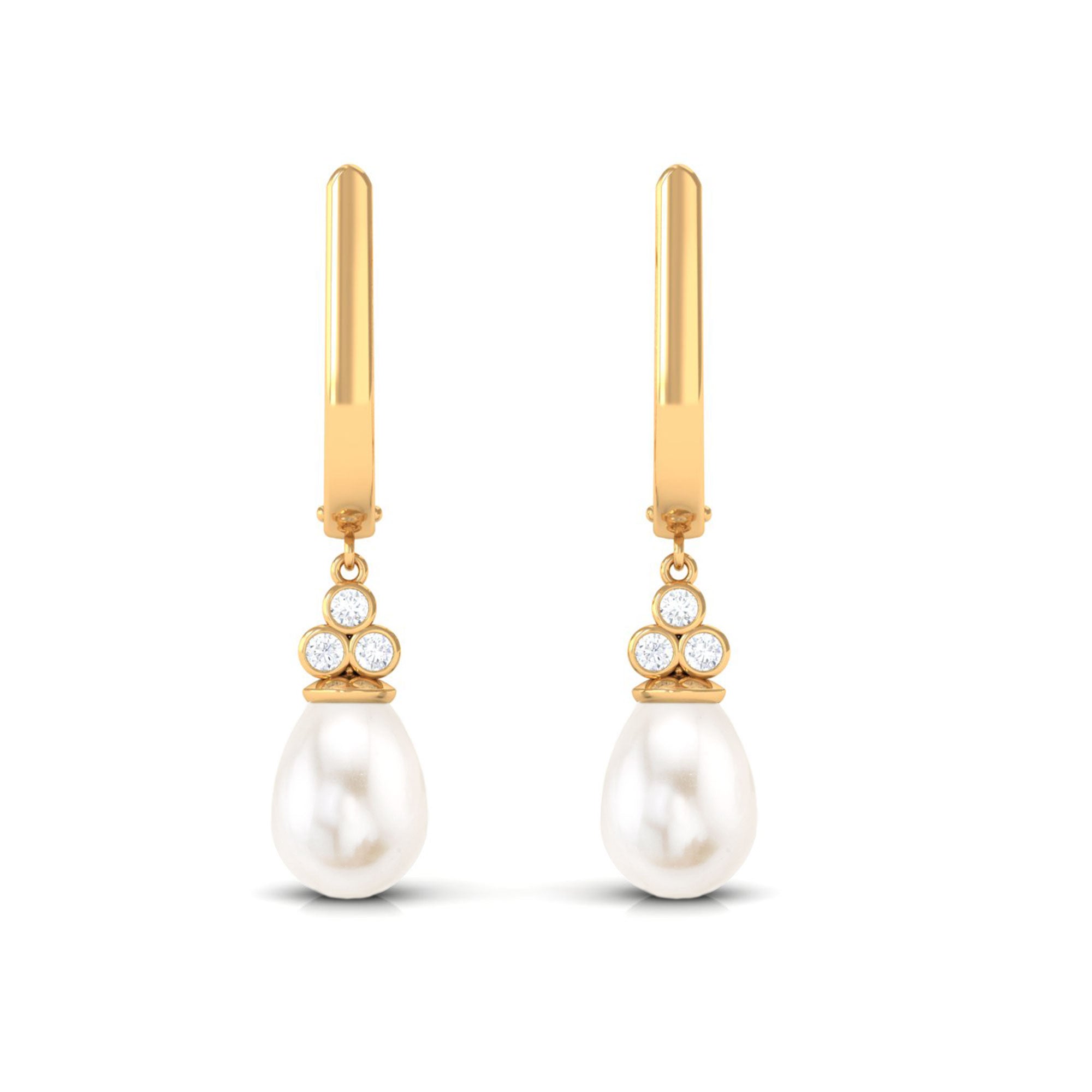 Freshwater Pearl Teardrop Latch Back Earrings with Diamond Freshwater Pearl - ( AAA ) - Quality - Rosec Jewels