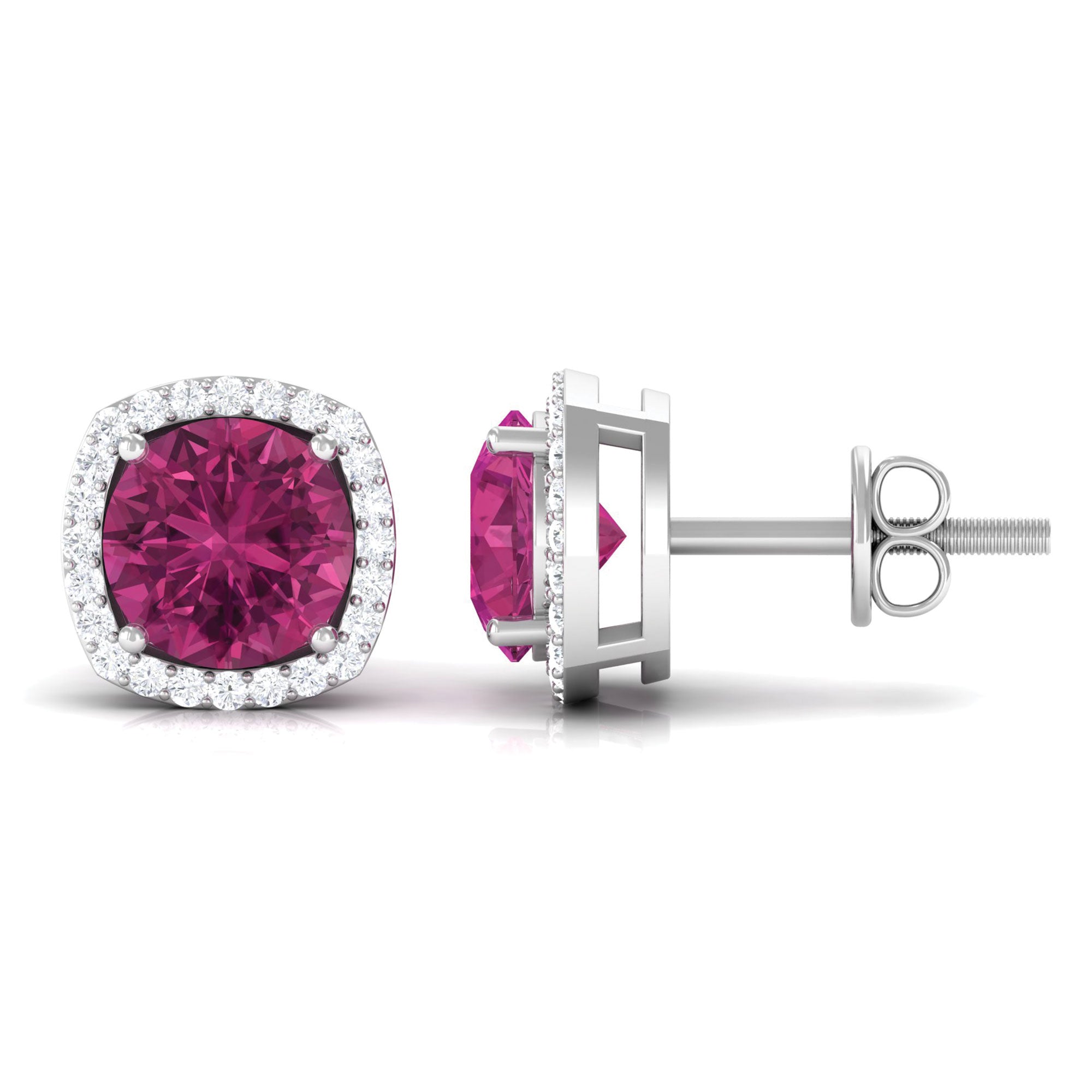 1.75 CT Pink Tourmaline Stud Earrings with Diamond Halo Pink Tourmaline - ( AAA ) - Quality - Rosec Jewels