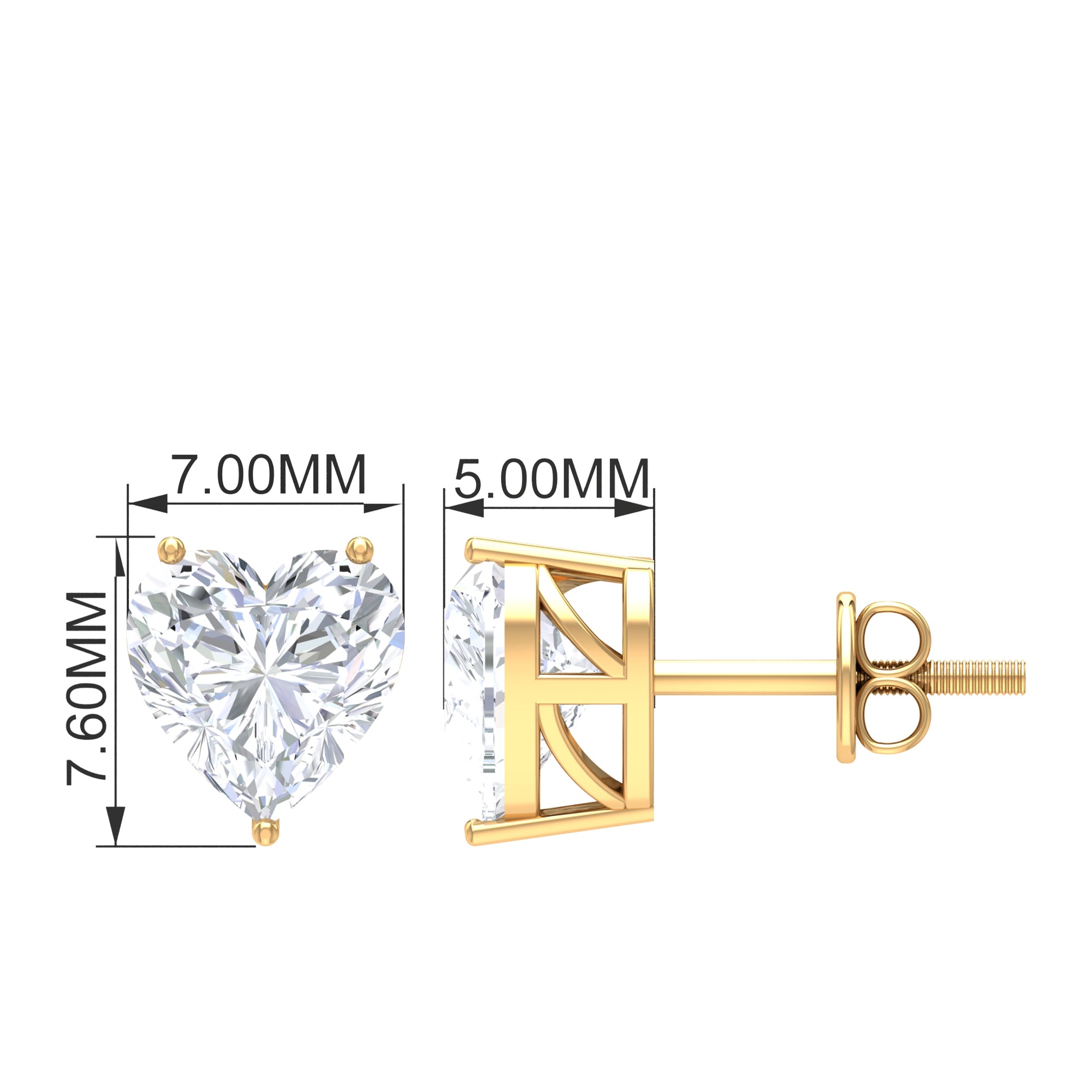 3 CT Heart Shape Cubic Zirconia Solitaire Stud Earrings in Gold Zircon - ( AAAA ) - Quality - Rosec Jewels