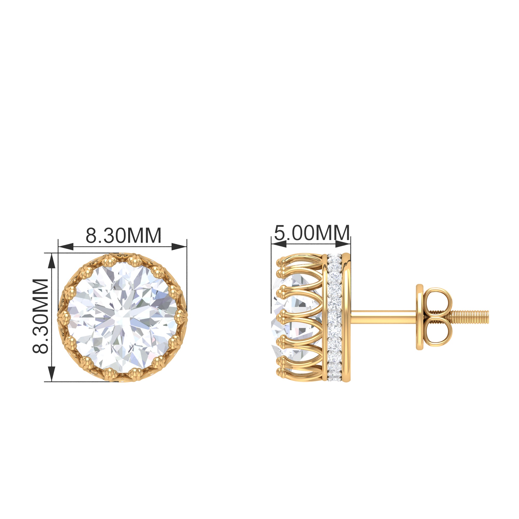 3 CT Crown Stud Earrings with Round Shape Zircon in Gold Zircon - ( AAAA ) - Quality - Rosec Jewels