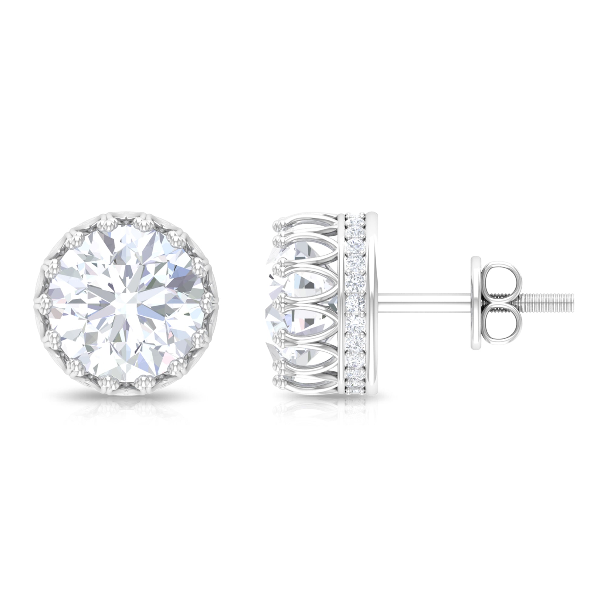 3 CT Crown Stud Earrings with Round Shape Zircon in Gold Zircon - ( AAAA ) - Quality - Rosec Jewels