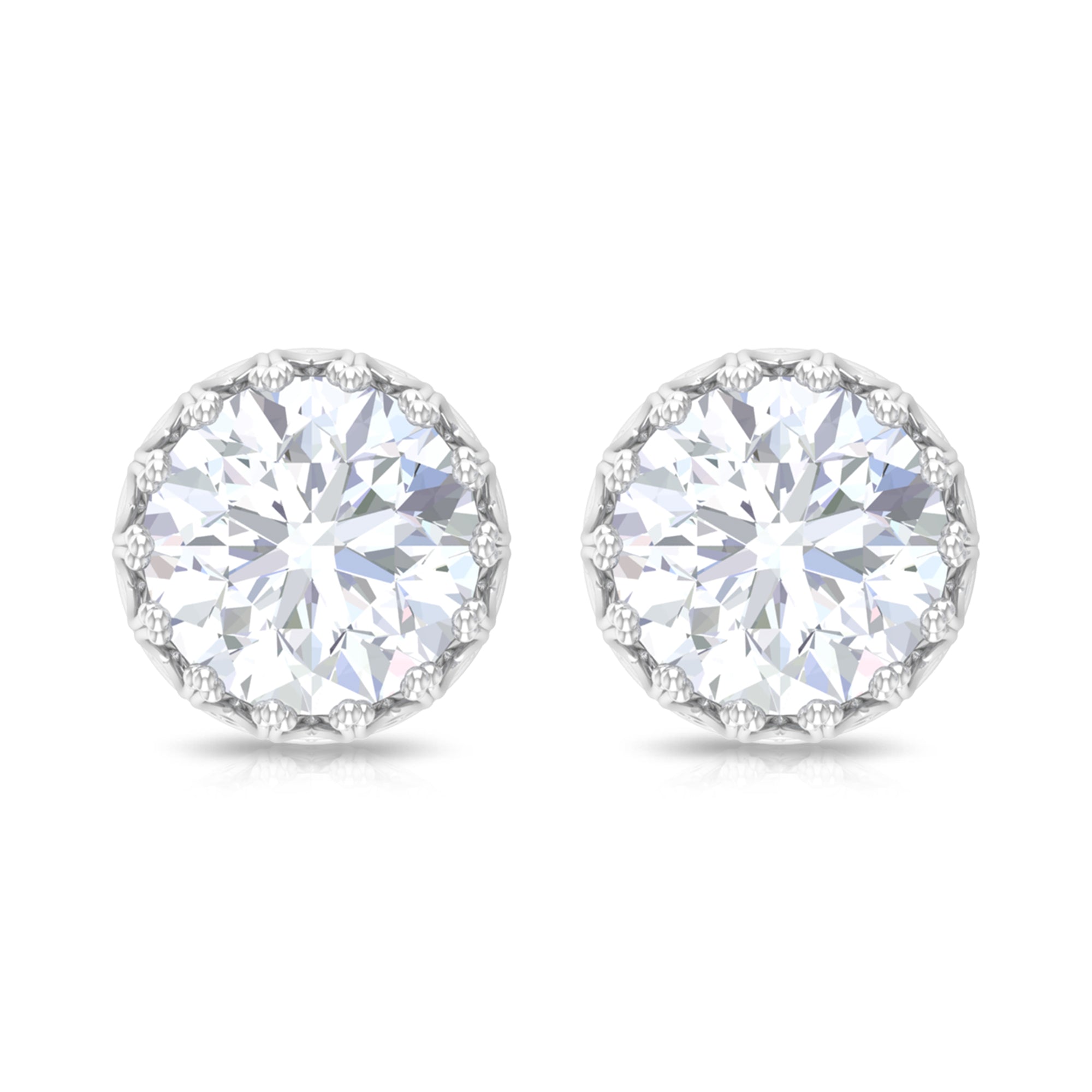 3 CT Crown Stud Earrings with Round Shape Zircon in Gold Zircon - ( AAAA ) - Quality - Rosec Jewels