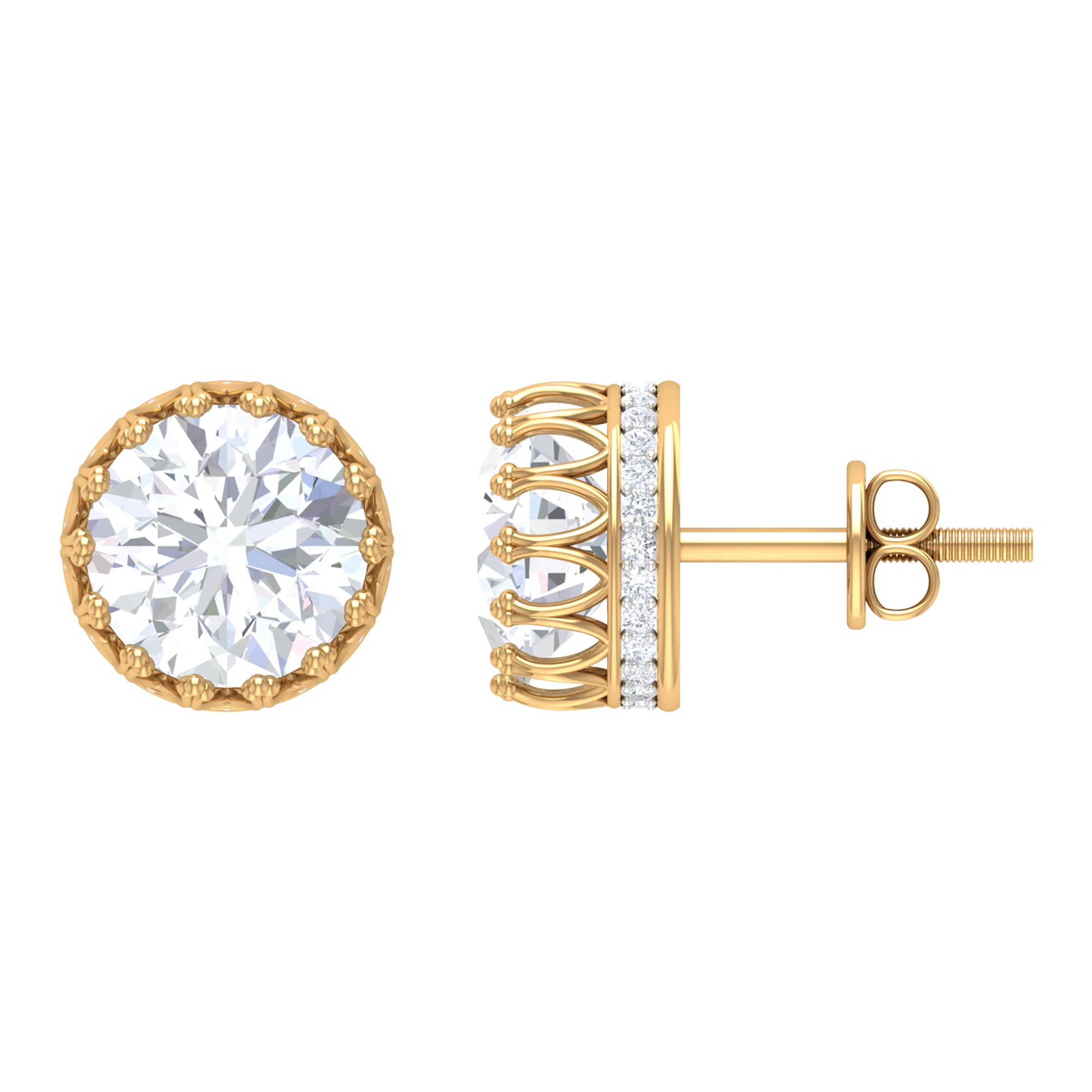 3 CT Crown Stud Earrings with Round Shape Zircon in Gold Zircon - ( AAAA ) - Quality - Rosec Jewels