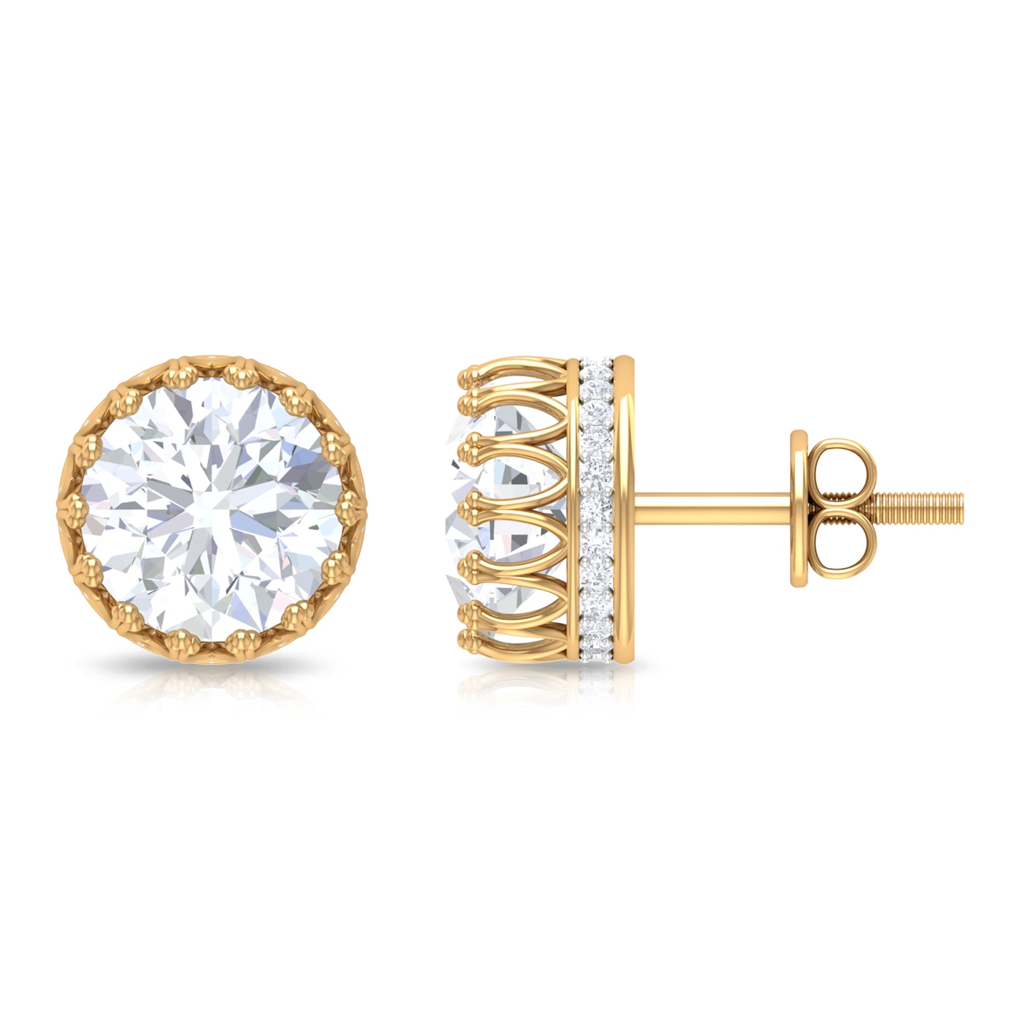 3 CT Crown Stud Earrings with Round Shape Zircon in Gold Zircon - ( AAAA ) - Quality - Rosec Jewels