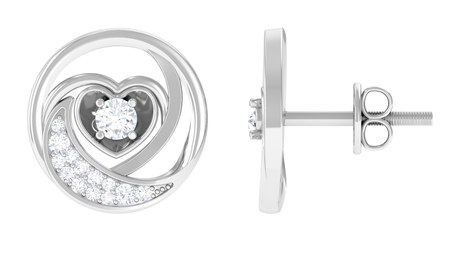 Prong Set Round Cubic Zirconia Moon Heart Stud Earrings Zircon - ( AAAA ) - Quality - Rosec Jewels