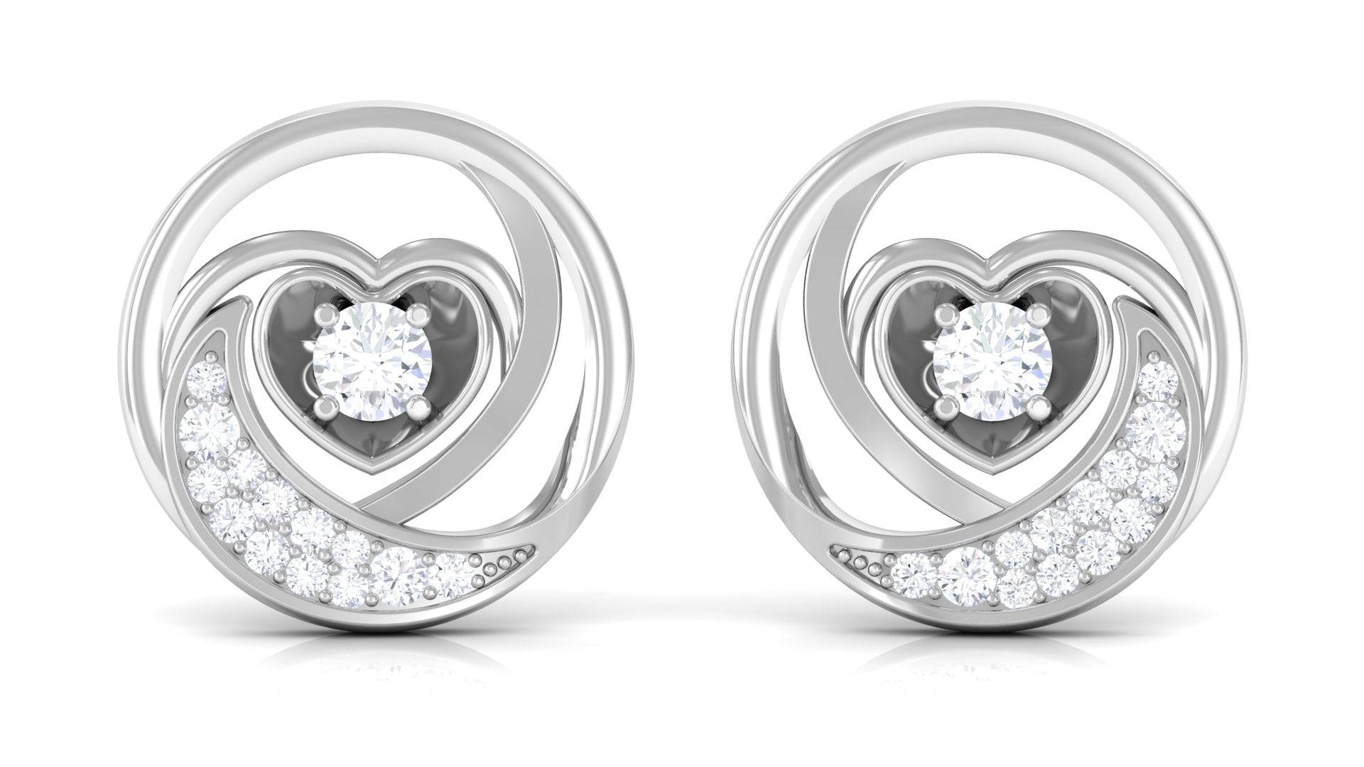 Prong Set Round Cubic Zirconia Moon Heart Stud Earrings Zircon - ( AAAA ) - Quality - Rosec Jewels