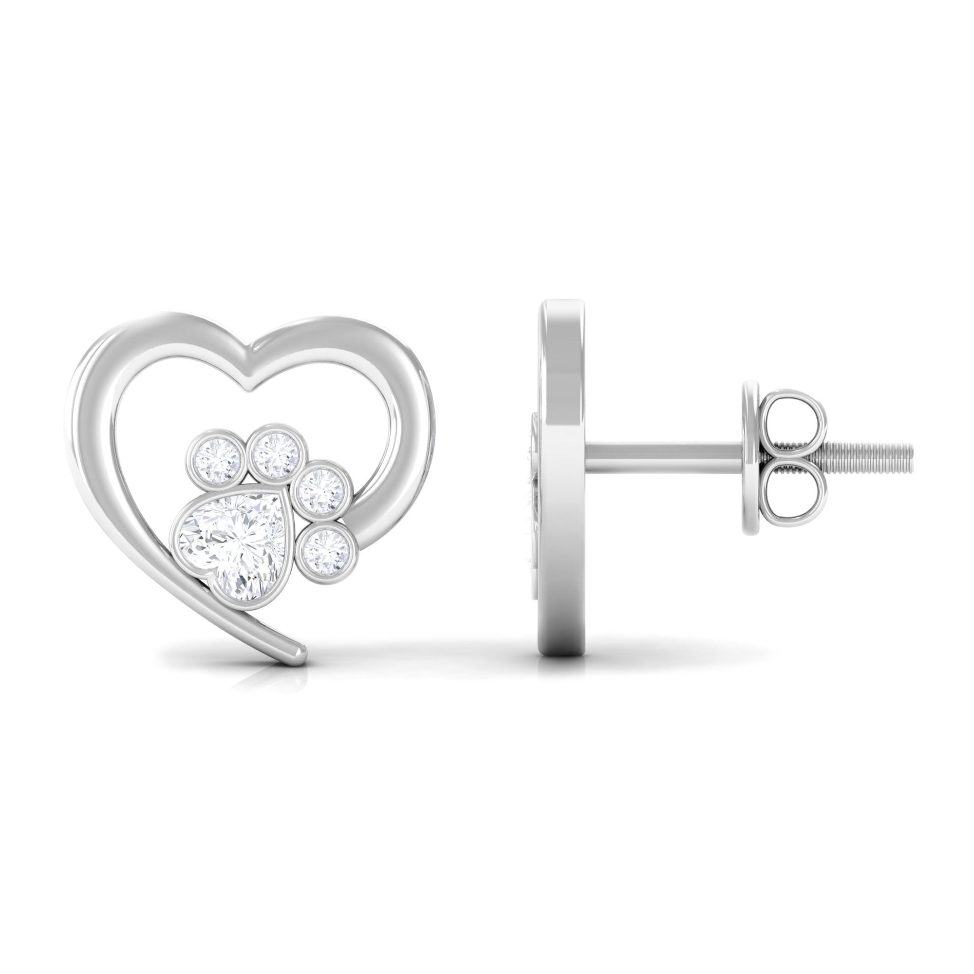 1/4 CT Bezel Set Zircon Cute Paw Stud Earrings with Gold Heart Zircon - ( AAAA ) - Quality - Rosec Jewels