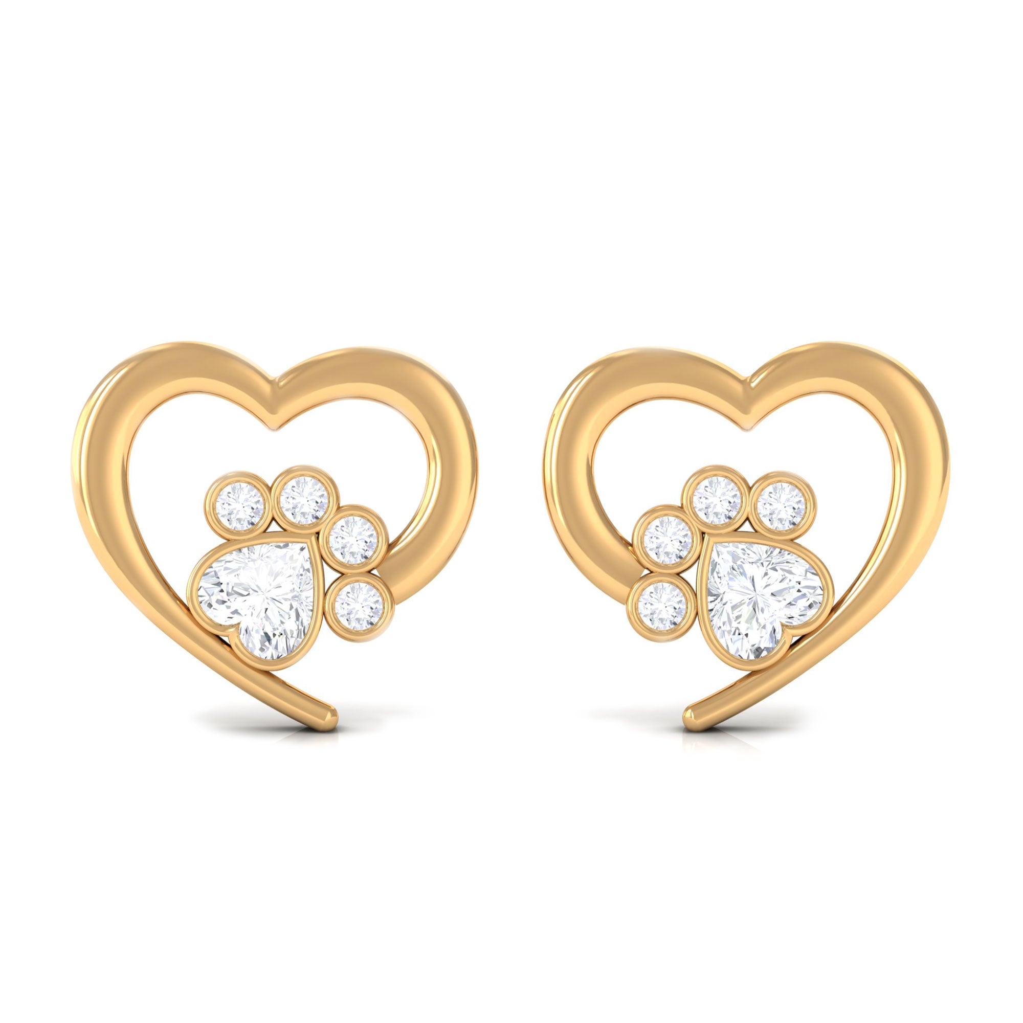 1/4 CT Bezel Set Zircon Cute Paw Stud Earrings with Gold Heart Zircon - ( AAAA ) - Quality - Rosec Jewels