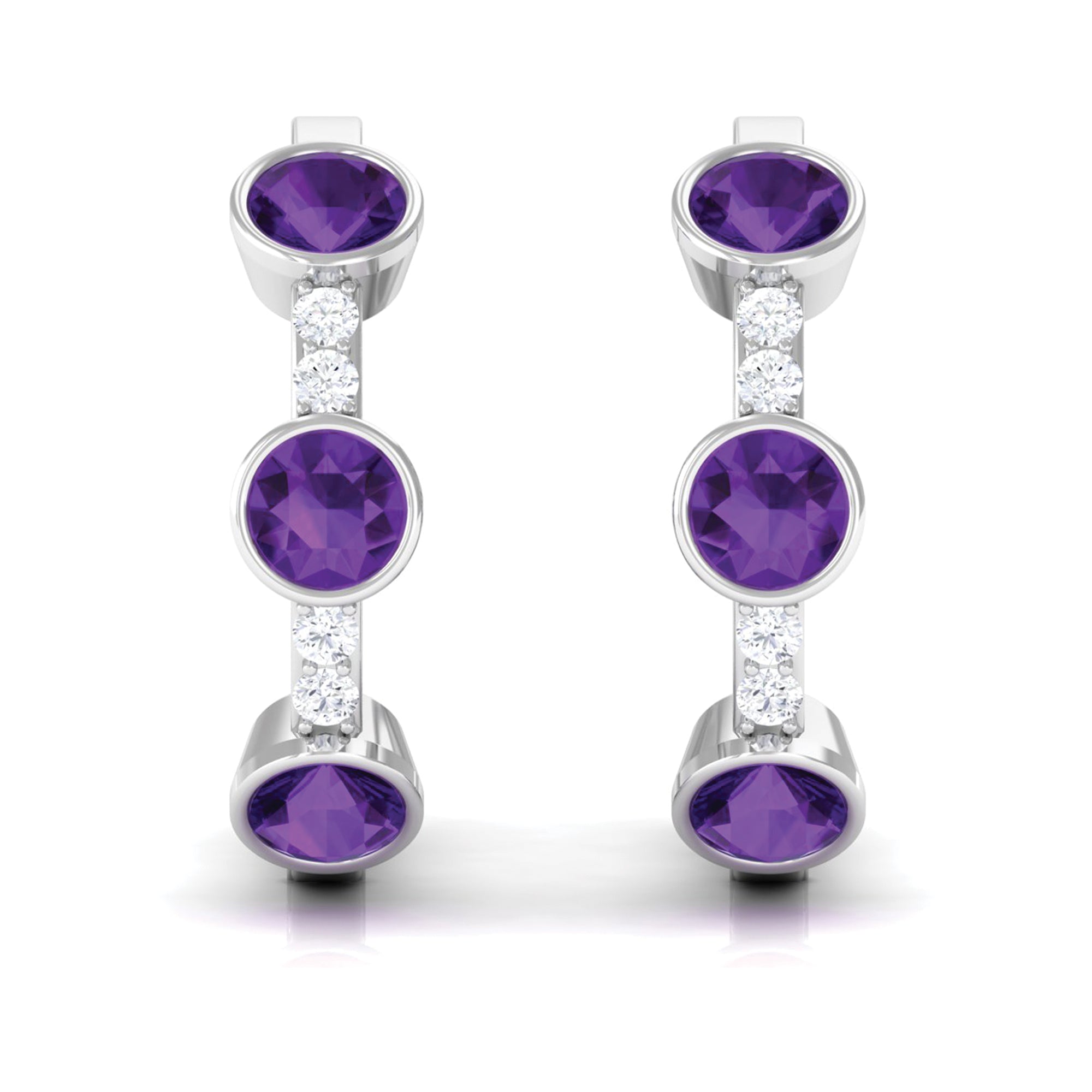 Round Amethyst and Diamond Hinged Hoop Earrings Amethyst - ( AAA ) - Quality - Rosec Jewels