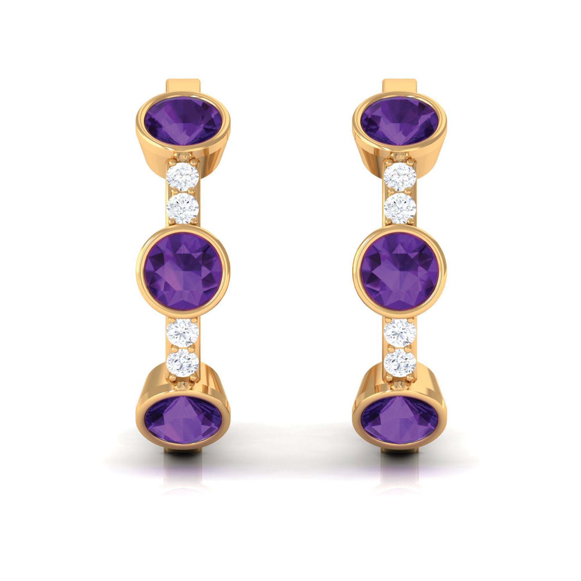 Round Amethyst and Diamond Hinged Hoop Earrings Amethyst - ( AAA ) - Quality - Rosec Jewels