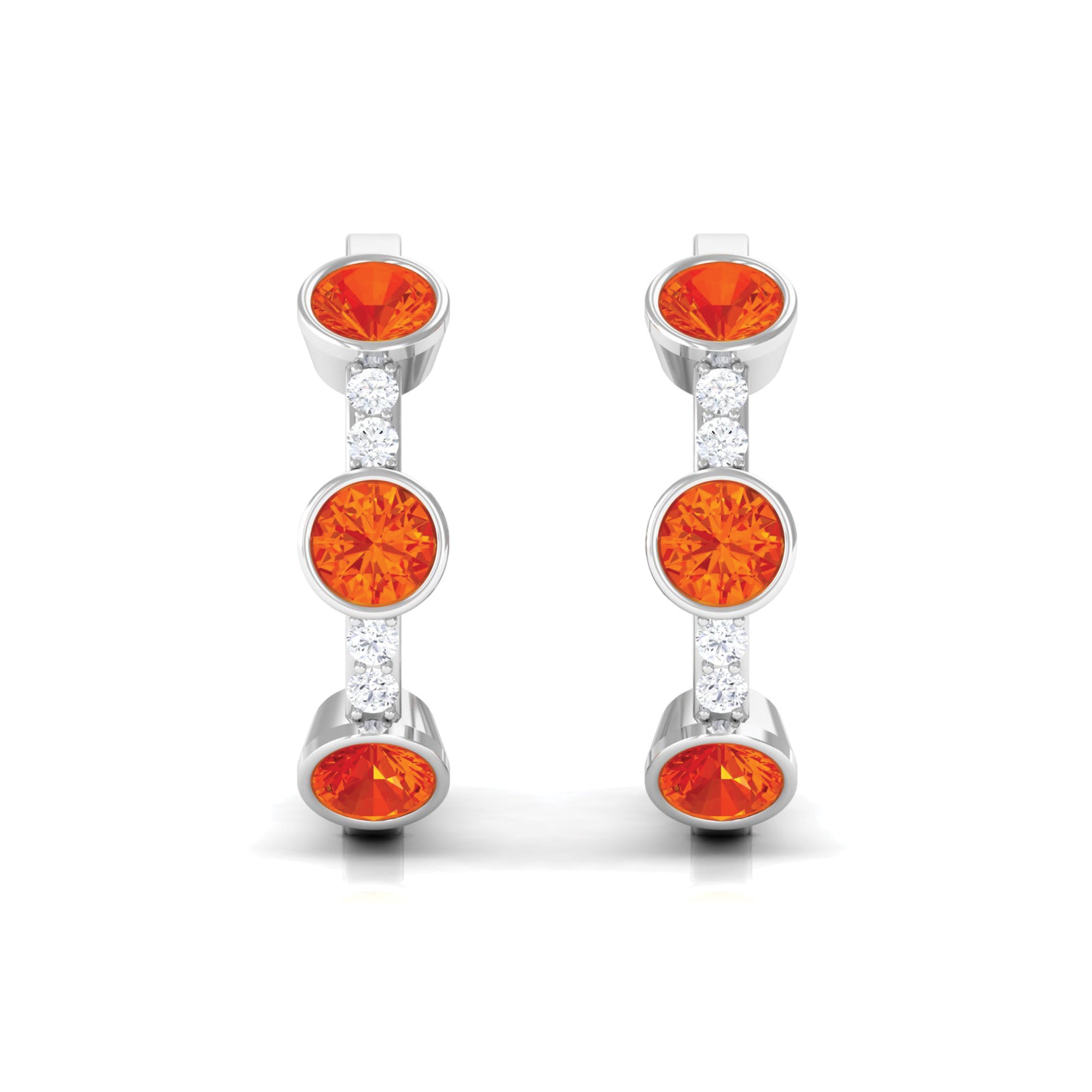 1 CT Bezel Set Orange Sapphire Three Stone Hoop Earrings with Diamond Orange Sapphire - ( AAA ) - Quality - Rosec Jewels