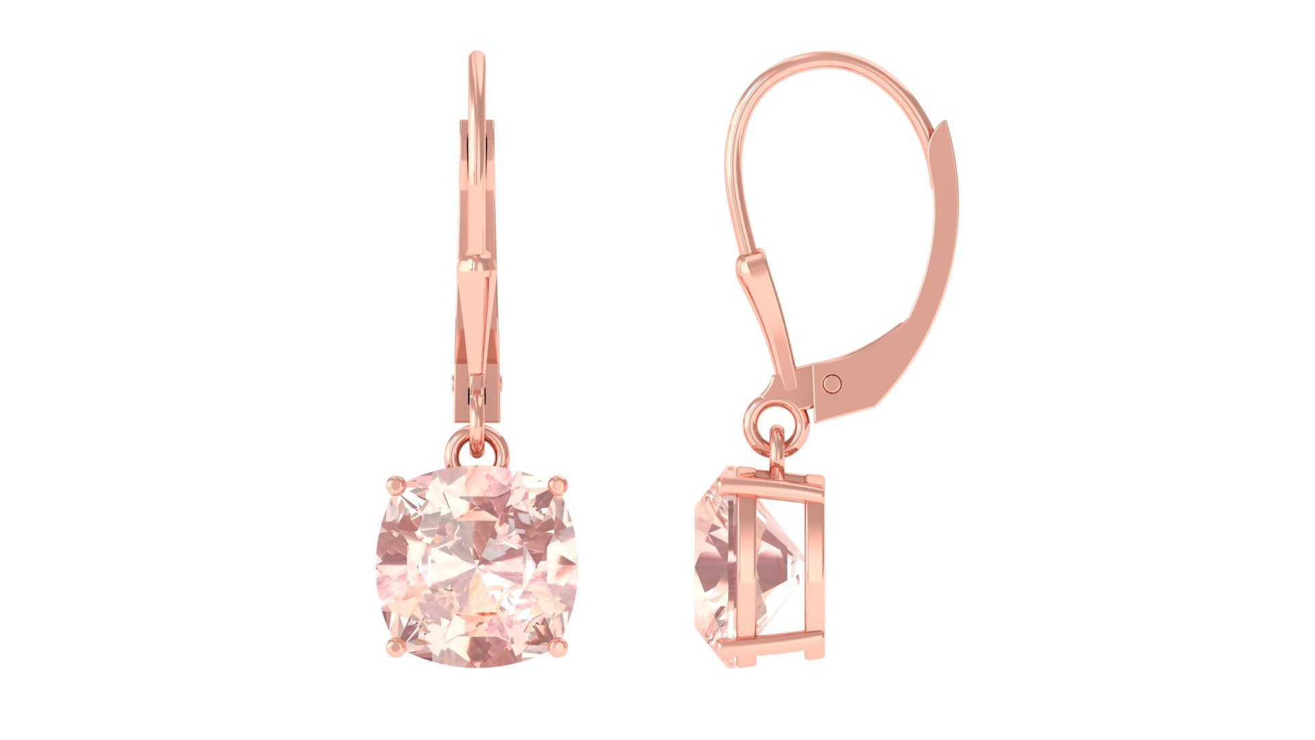 8 MM Cushion Cut Morganite Solitaire Drop Earrings with Lever Back Morganite - ( AAA ) - Quality - Rosec Jewels