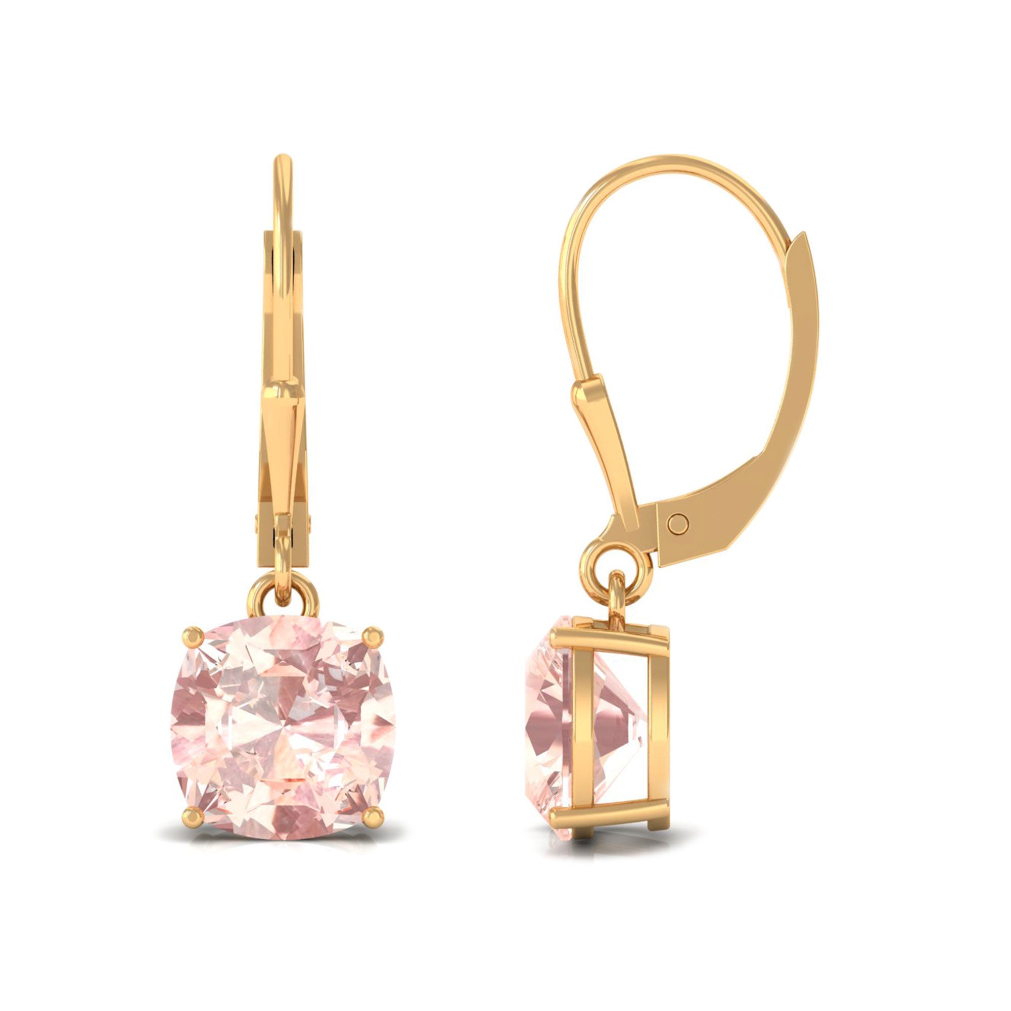 8 MM Cushion Cut Morganite Solitaire Drop Earrings with Lever Back Morganite - ( AAA ) - Quality - Rosec Jewels