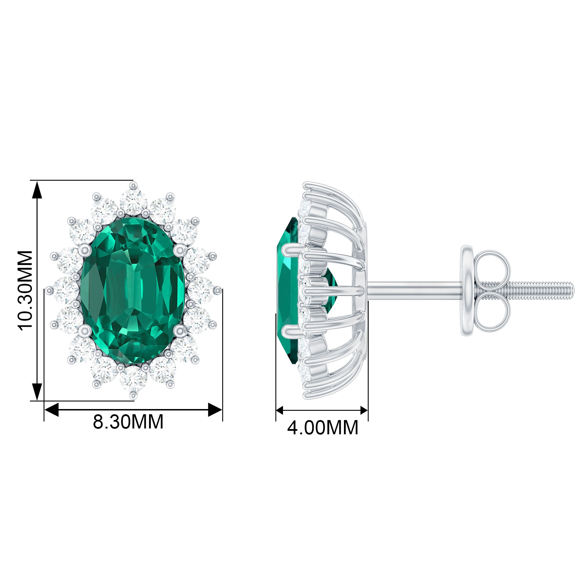 2 CT Oval Cut Created Emerald Statement Stud Earrings with Diamond Halo Lab Created Emerald - ( AAAA ) - Quality - Rosec Jewels