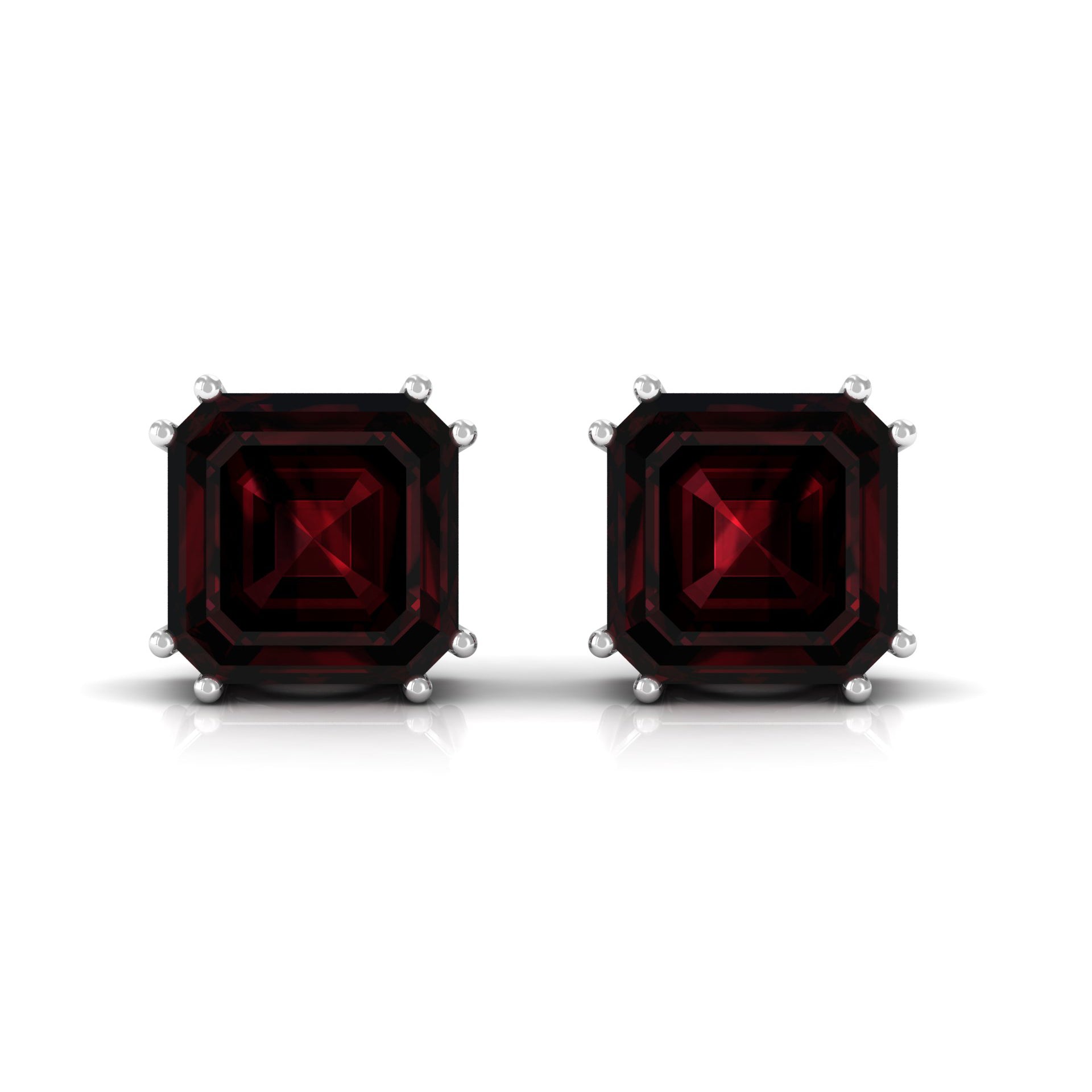 8 MM Asscher Cut Garnet Solitaire Stud Earrings in Double Prong Setting Garnet - ( AAA ) - Quality - Rosec Jewels